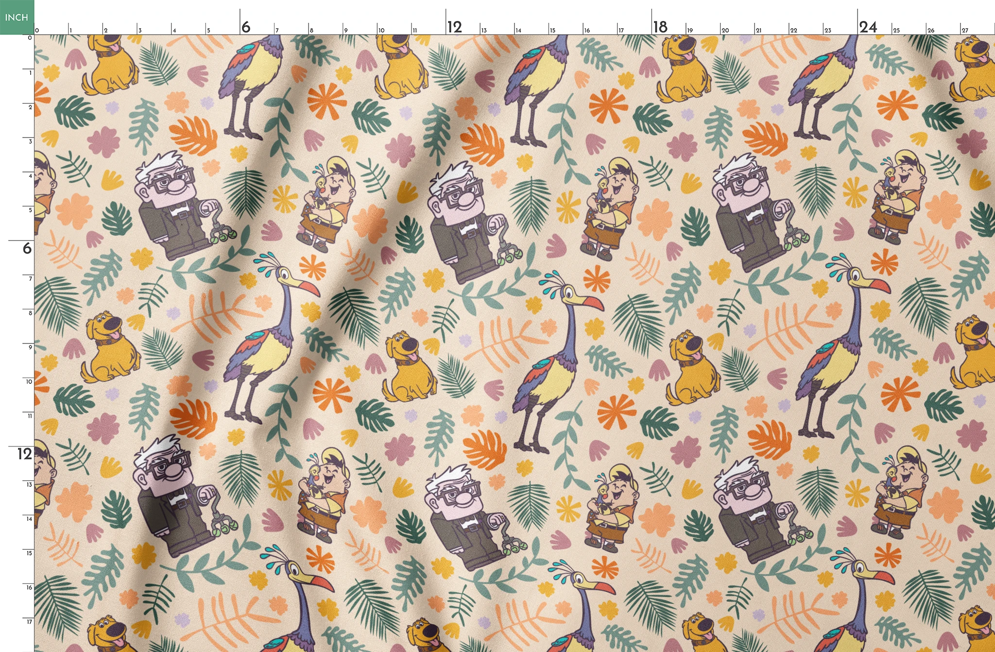 Whimsical cartoon pattern with colorful characters from Pixar's "Up" against floral background springs fatquarter mockup