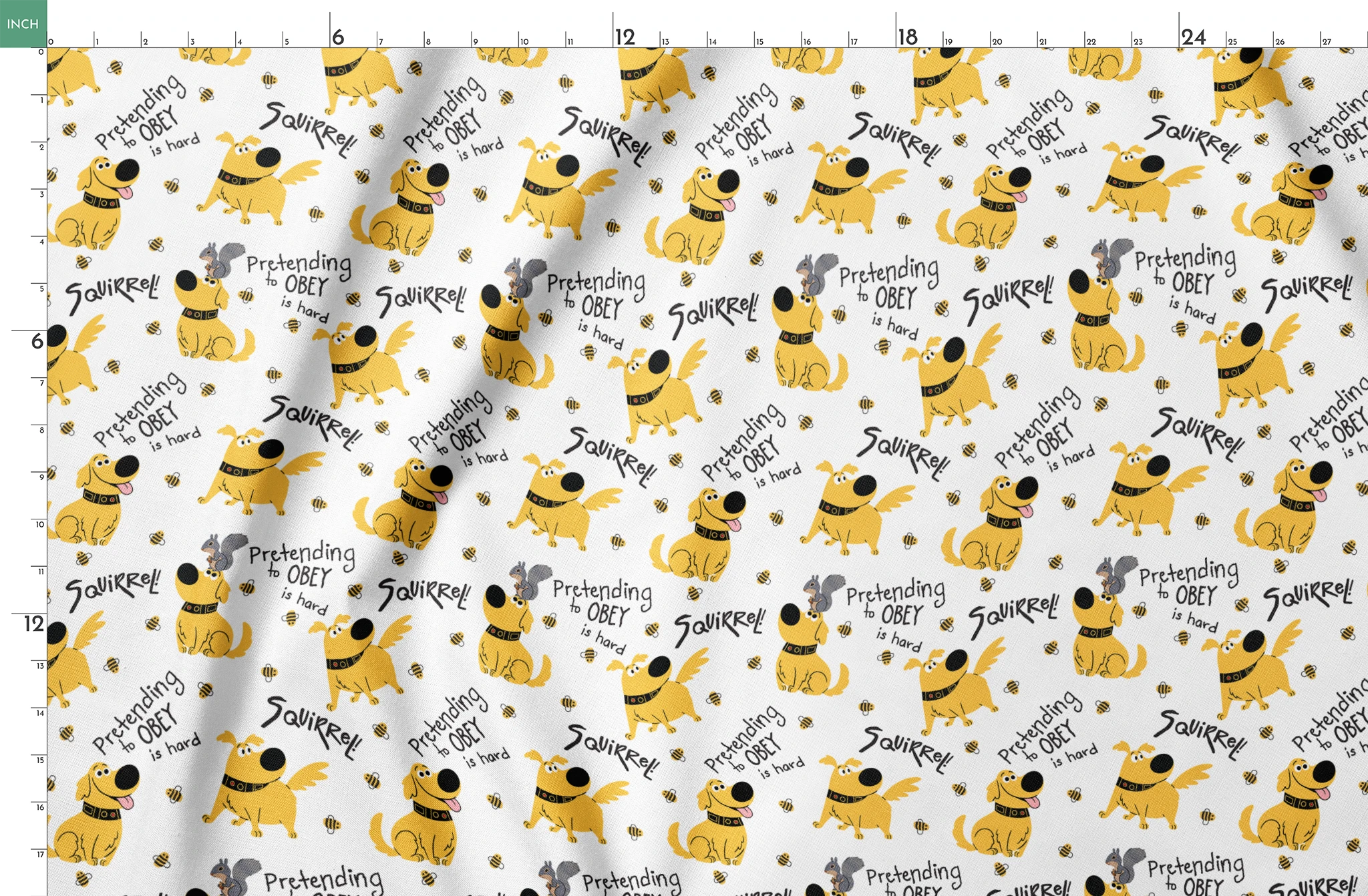 Cartoon Up-inspired dog with wings chasing bees, text "Pretending to OBEY is hard" and "SQUIRREL! springs fatquarter mockup