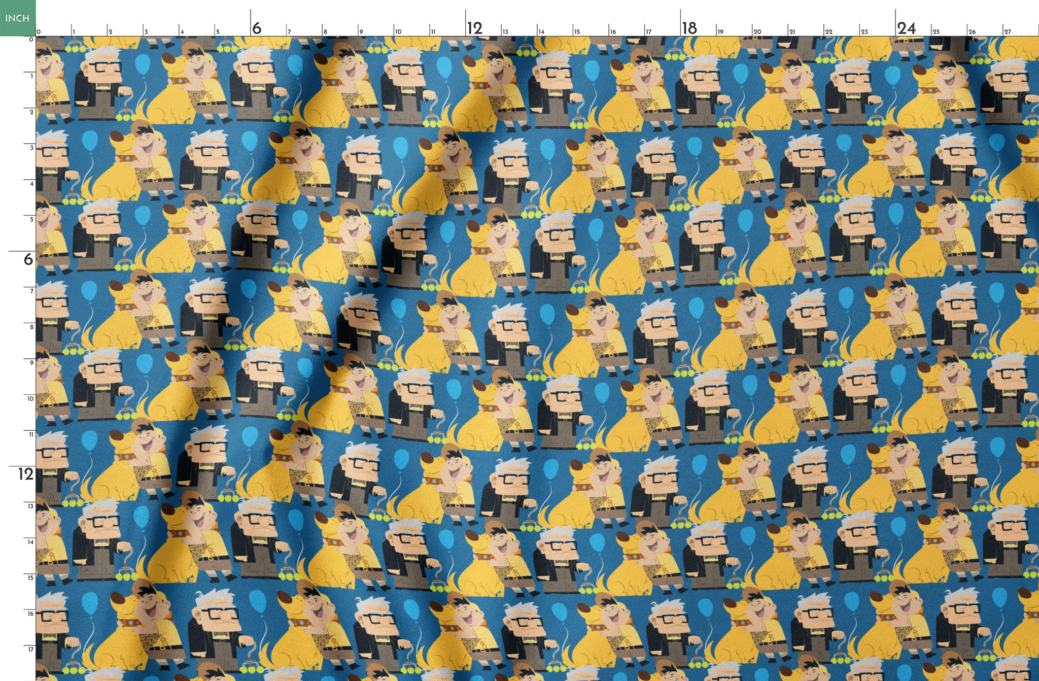 Cartoon pattern featuring characters from Pixar's "Up" with blue balloons, yellow dogs, and scouts springs fatquarter mockup