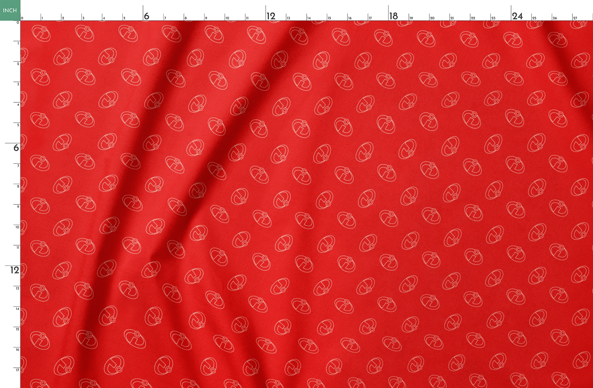 Red background with The Incredibles logos in a repeating pattern springs fatquarter mockup