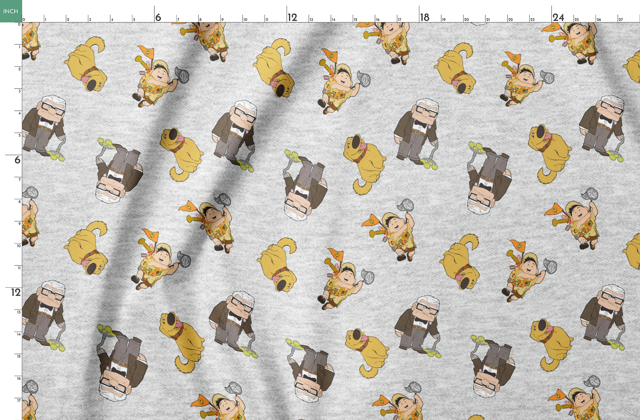 Cartoon characters from Disney's "Up" including Carl, Russell, and Dug on light gray background springs fatquarter mockup