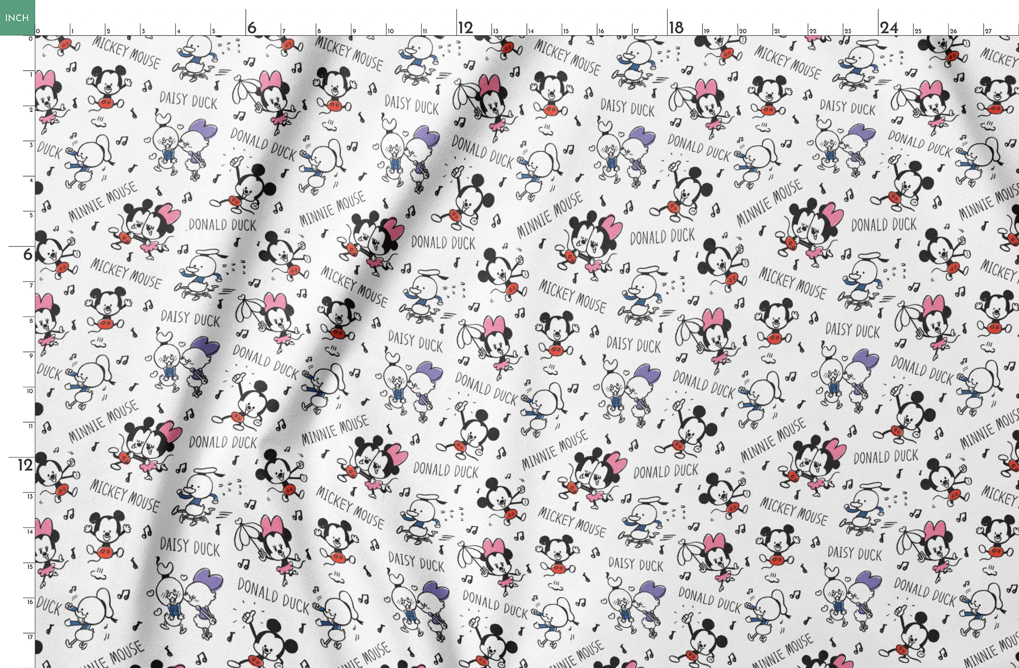 Classic Disney cartoon characters pattern with Mickey, Minnie, Donald, and Daisy with musical notes on white background. springs fatquarter mockup