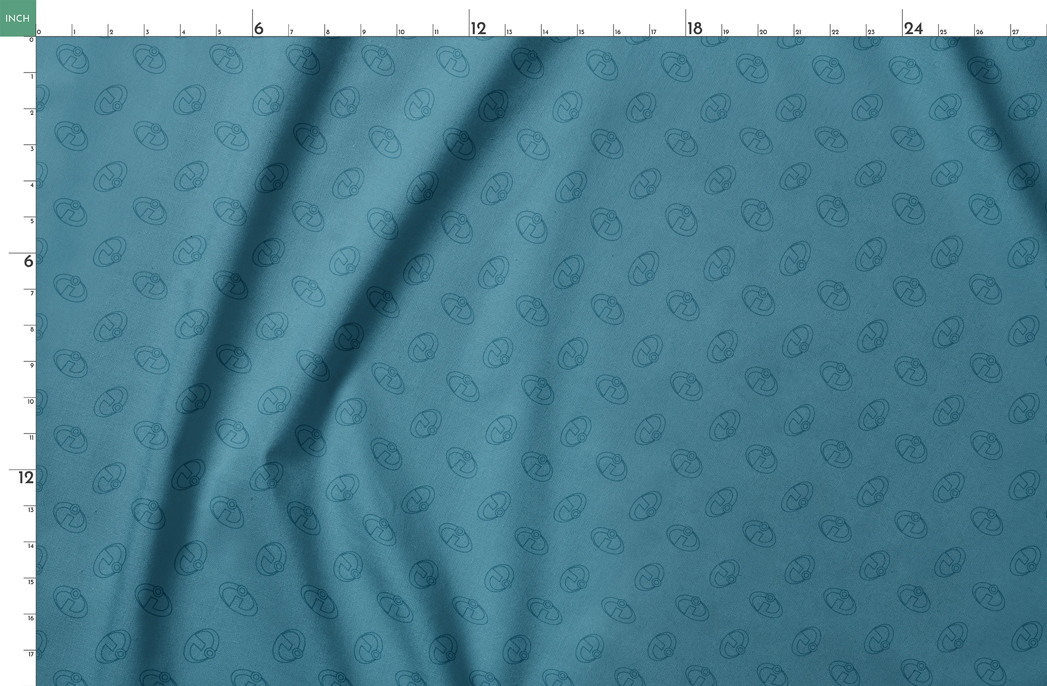 Abstract blue background with The Incredibles logos in repeating pattern springs fatquarter mockup