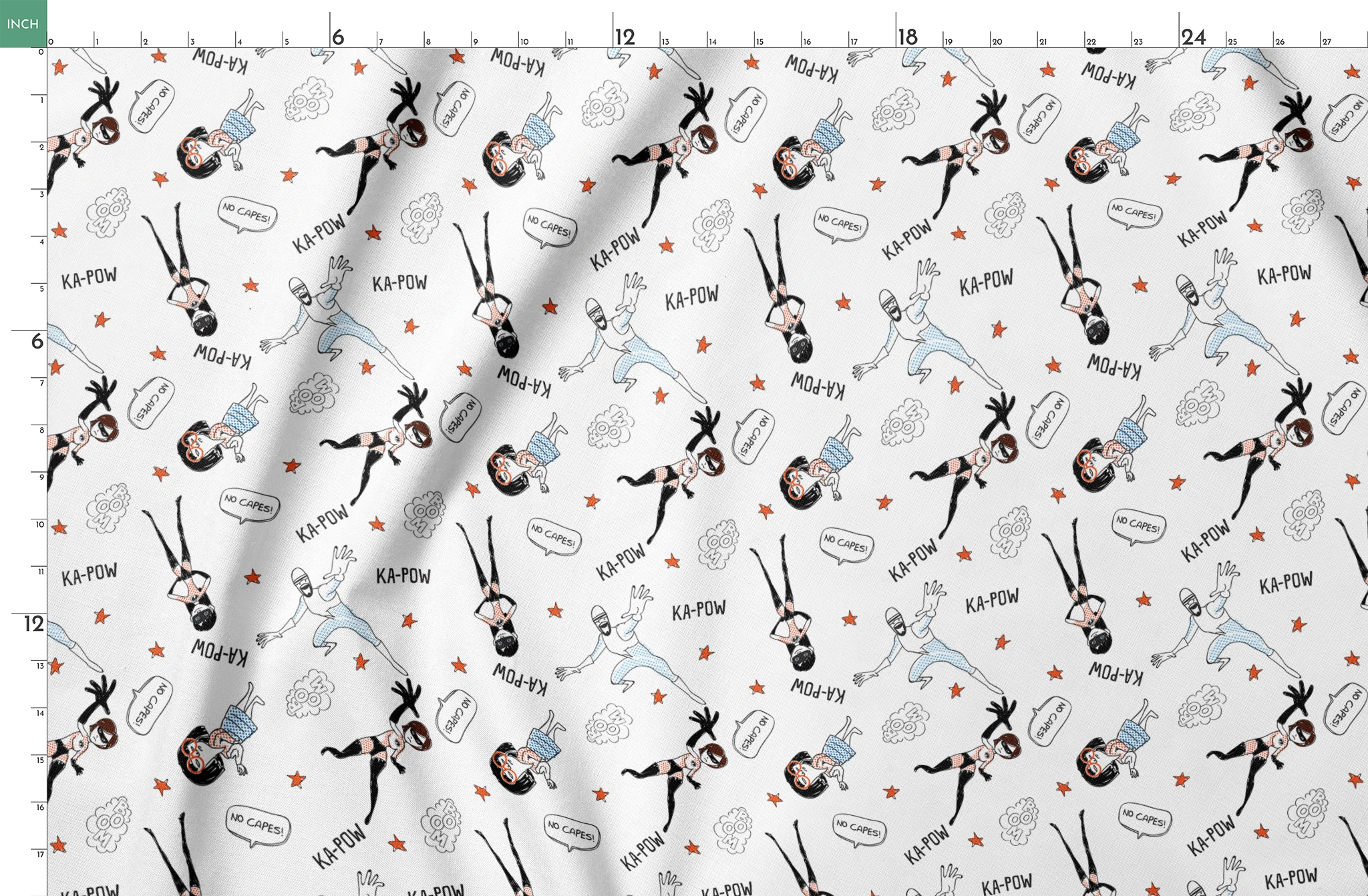 The Incredibles in dynamic poses with comic book sound effects like "KA-POW" on white background with orange stars springs fatquarter mockup