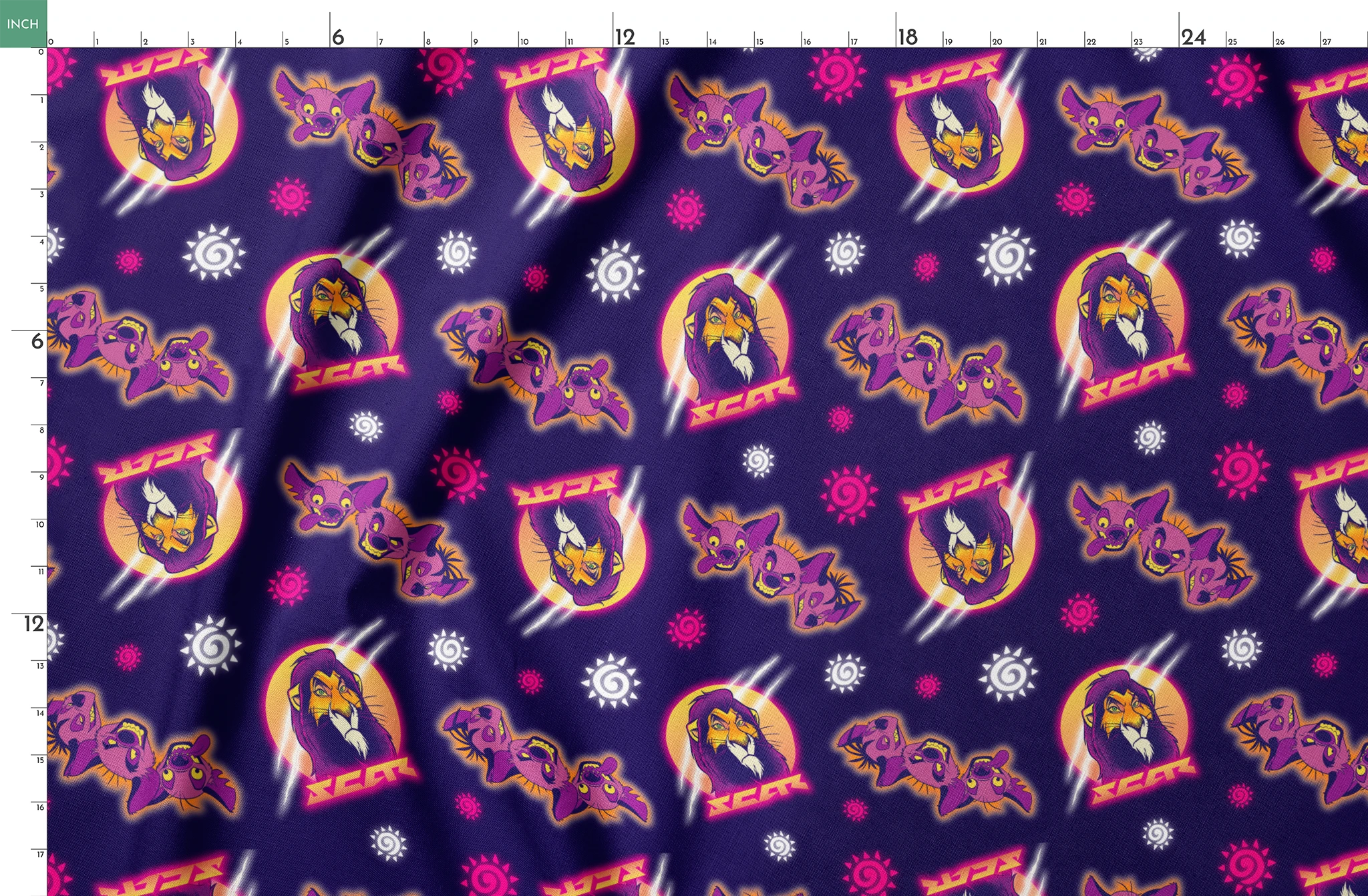 Lion and hyena characters pattern with suns on purple background, Disney's Lion King inspired design springs fatquarter mockup