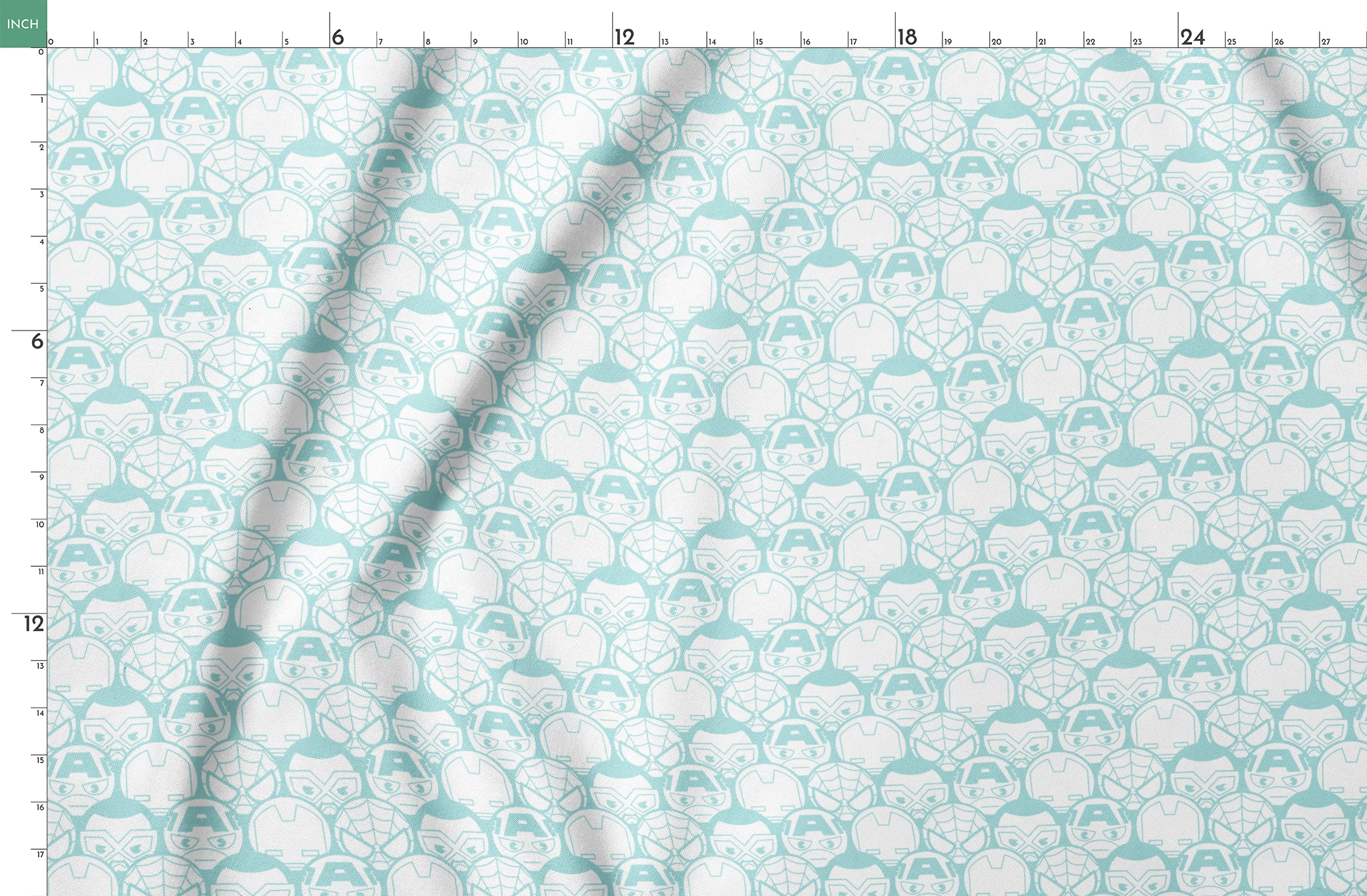Light blue and white pattern of stylized superhero masks and helmets in a repeating design springs fatquarter mockup