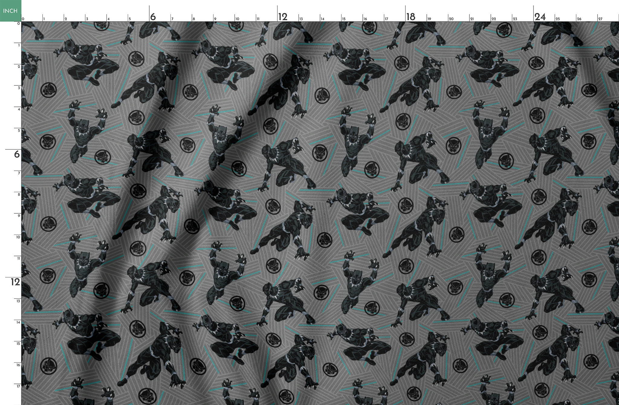 Black superhero figure in dynamic poses against gray geometric background with teal accents and circular emblems springs fatquarter mockup