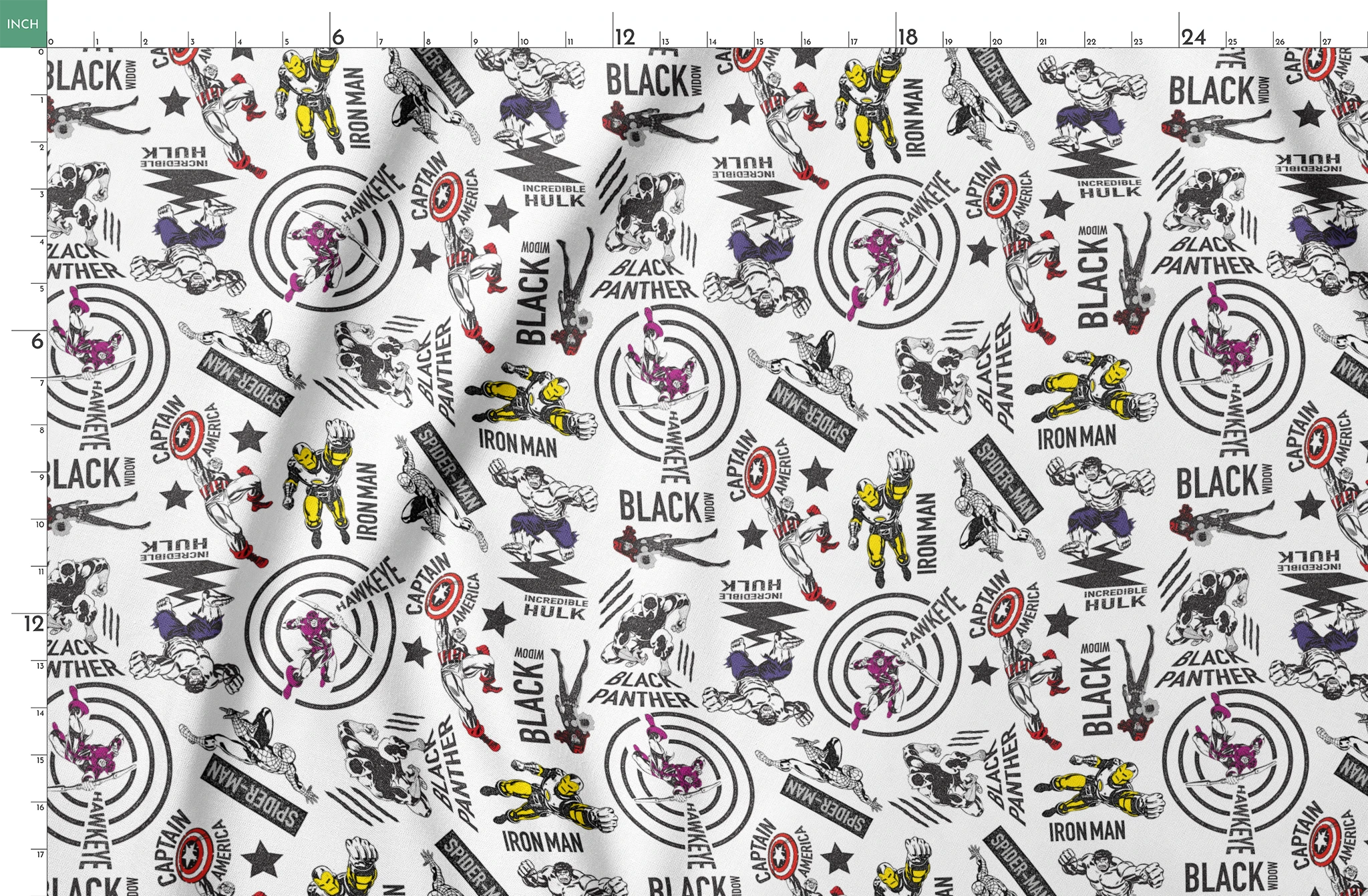 Marvel superheroes pattern with Iron Man, Captain America, Hulk, and Black Panther on white background springs fatquarter mockup
