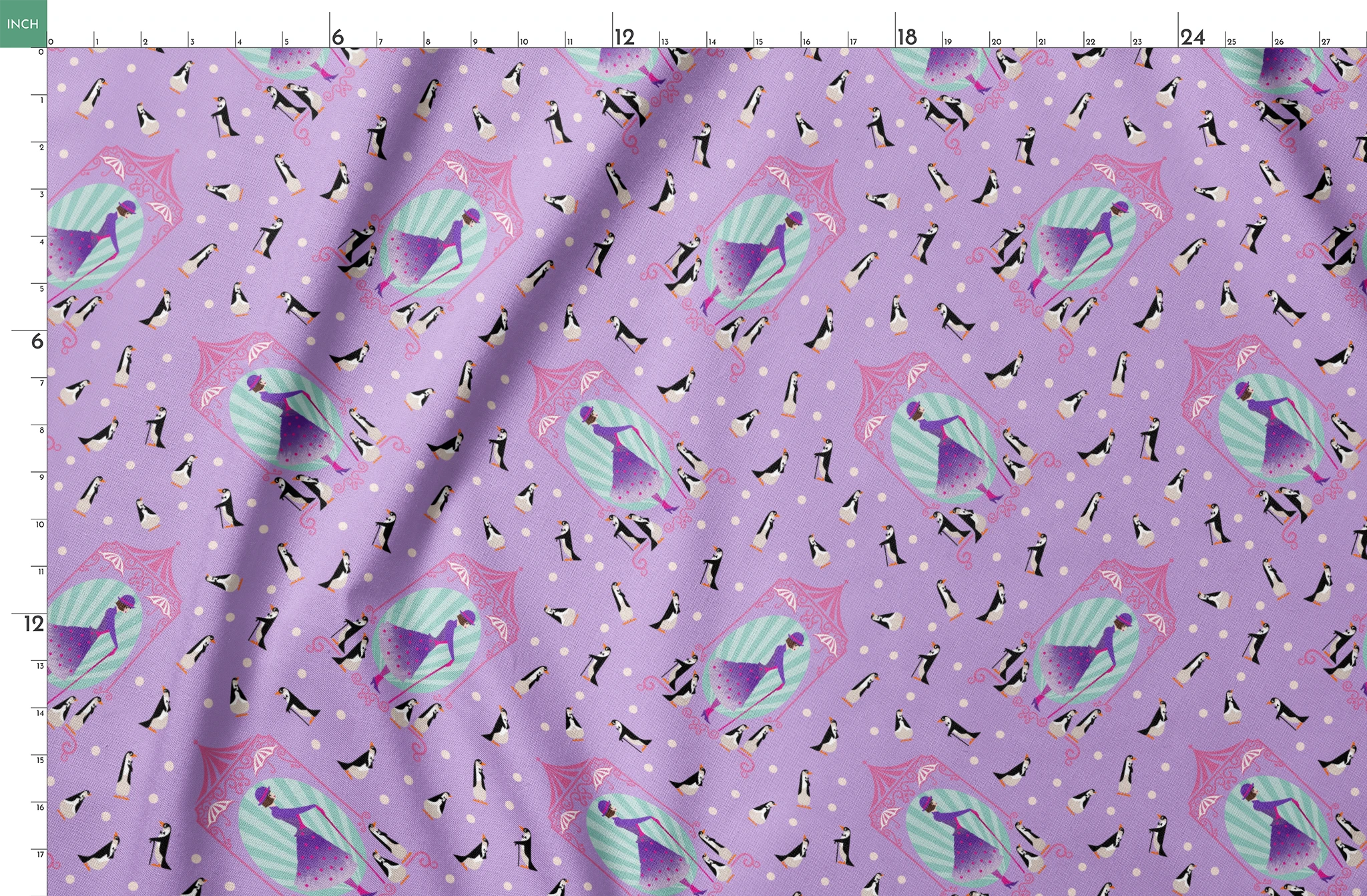 Playful pattern of penguins, Mary Poppins, and purple umbrellas on lavender background with white polka dots springs fatquarter mockup