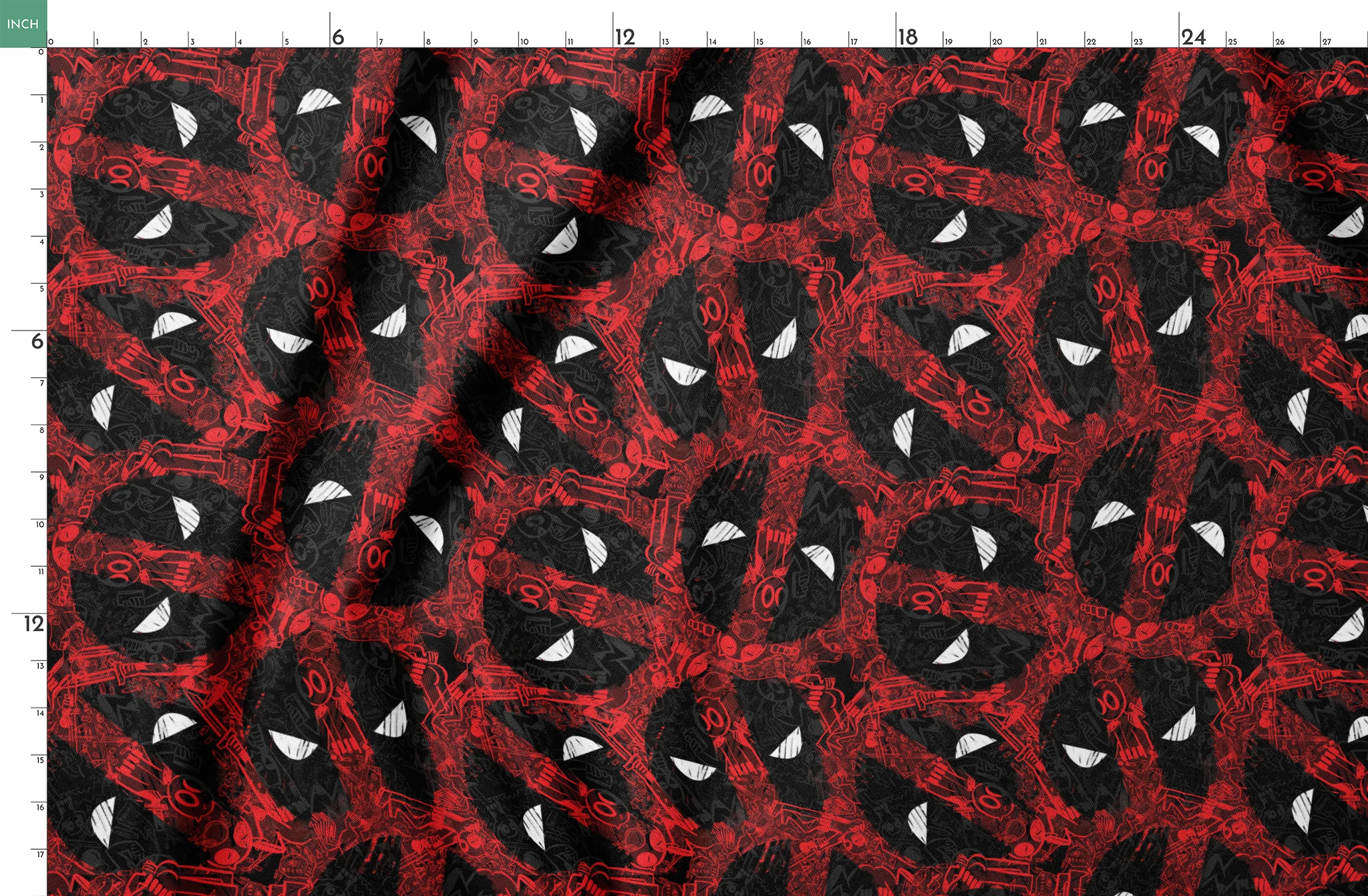 Abstract pattern of red and black chaotic lines with white triangular shapes scattered throughout the design springs fatquarter mockup