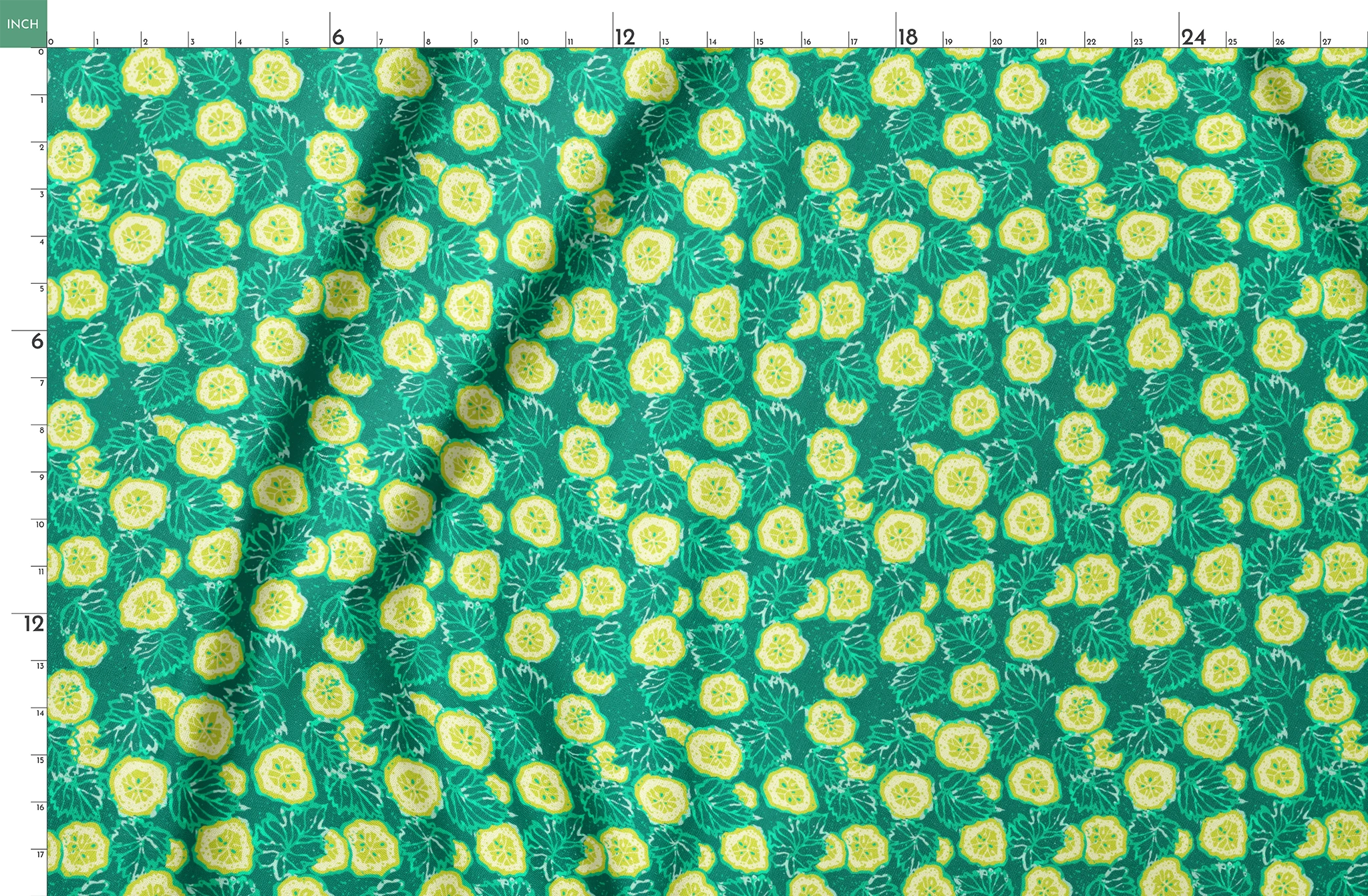 Vibrant green background with yellow cucumber slices and light green leafy patterns springs fatquarter mockup