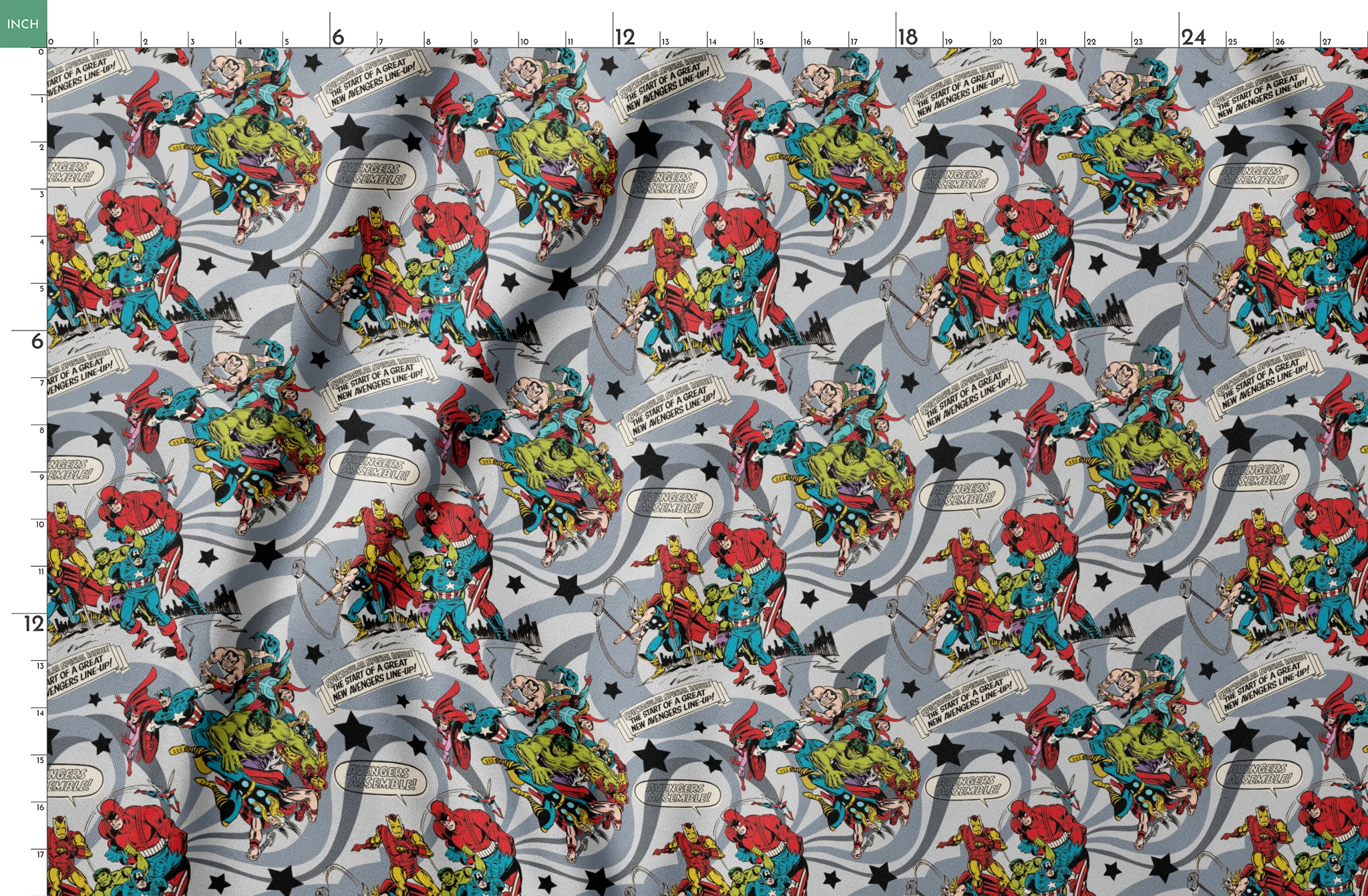 Colorful comic book style pattern with Marvel superheroes on gray background with stars and swirls springs fatquarter mockup