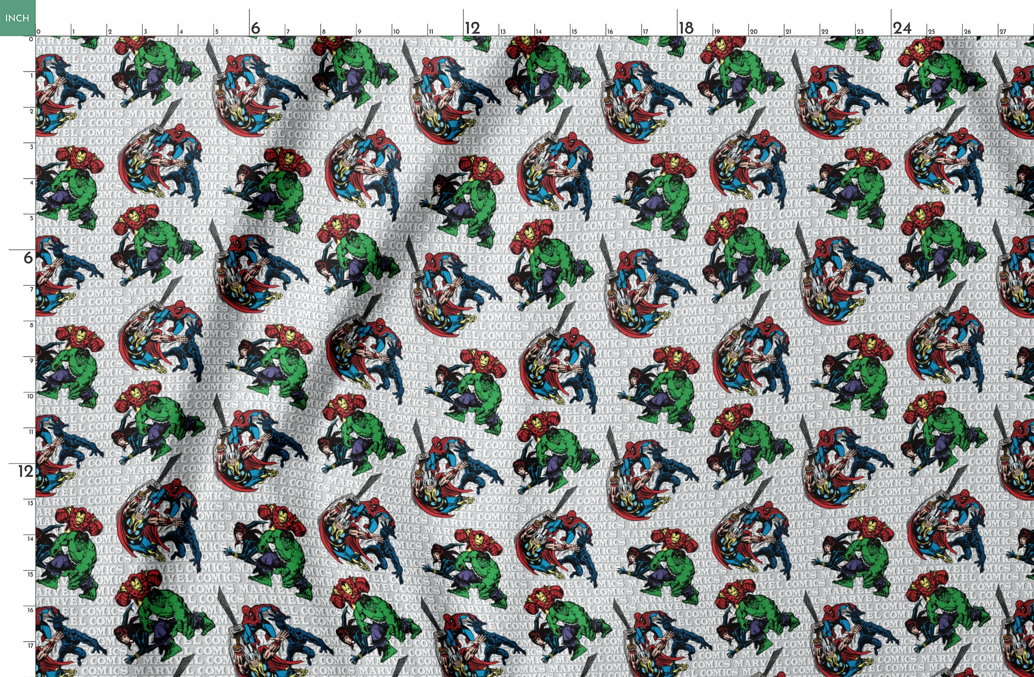 Marvel Comics superheroes pattern with Hulk, Iron Man, Captain America, and Spider-Man on a repeating text background. springs fatquarter mockup