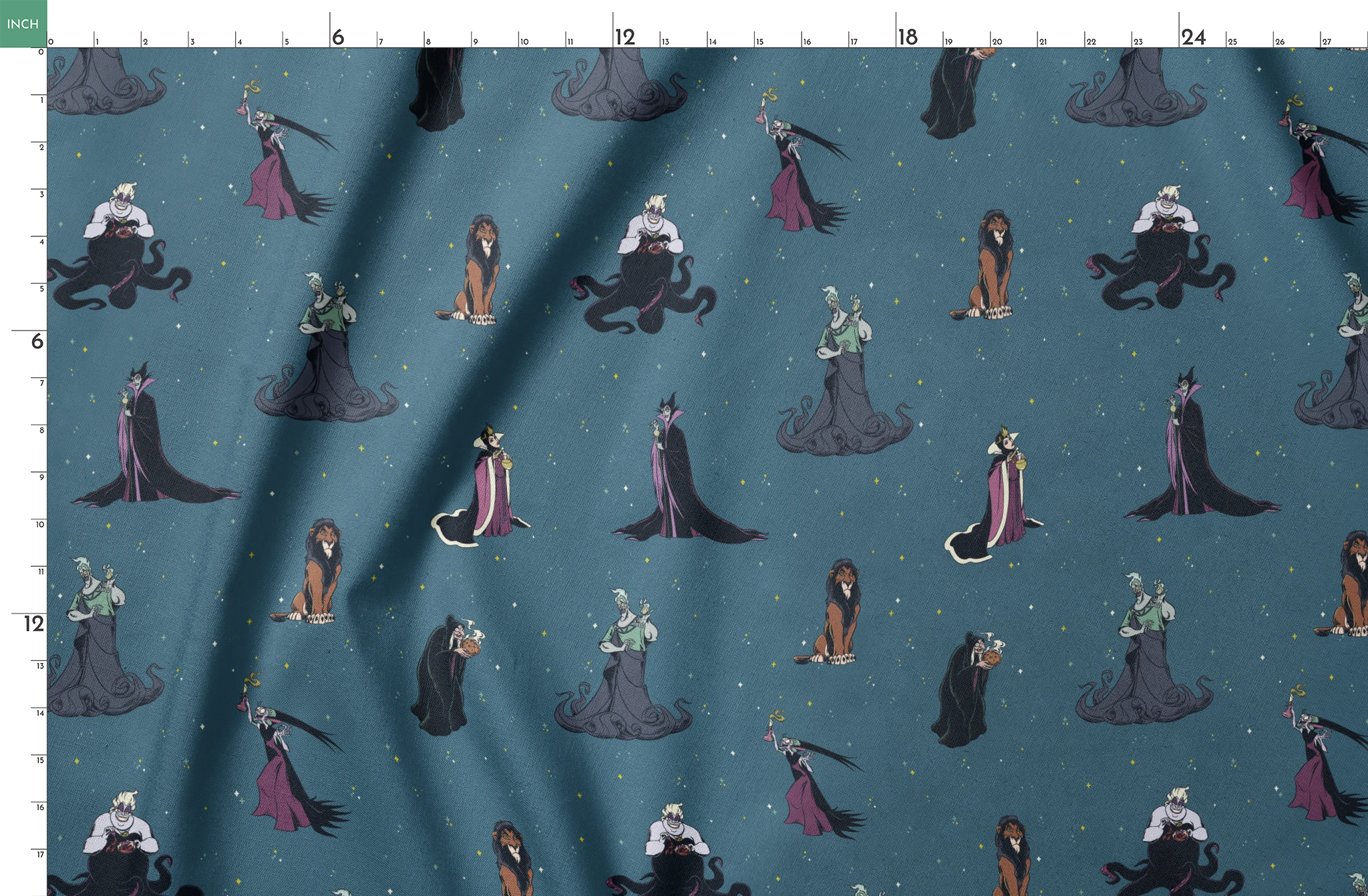 Disney villains pattern on teal background featuring Ursula, Maleficent, Cruella, and Scar in various poses springs fatquarter mockup