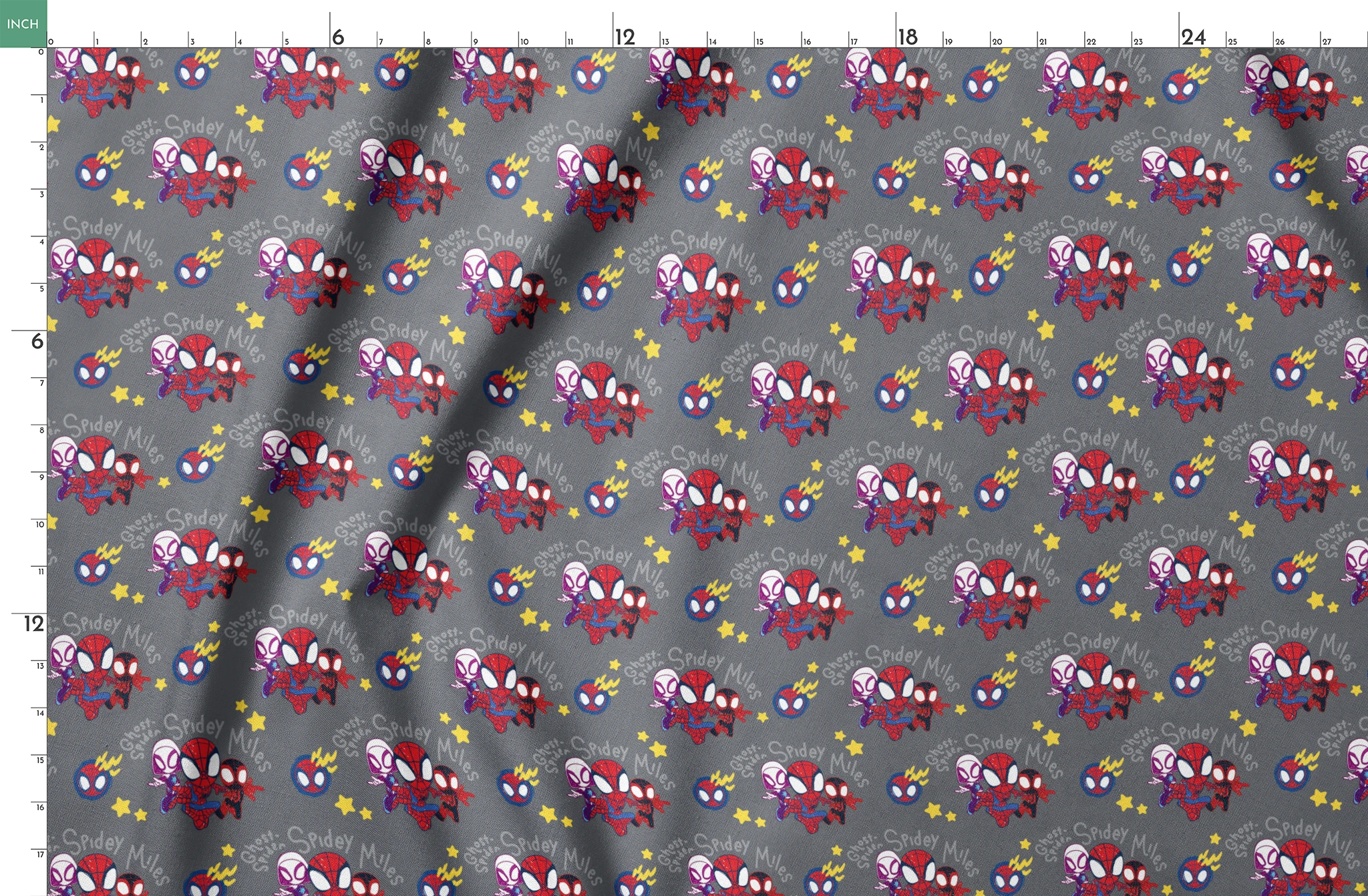 Cartoon Spider-Man characters pattern with stylized spider heroes and yellow stars on gray background springs fatquarter mockup