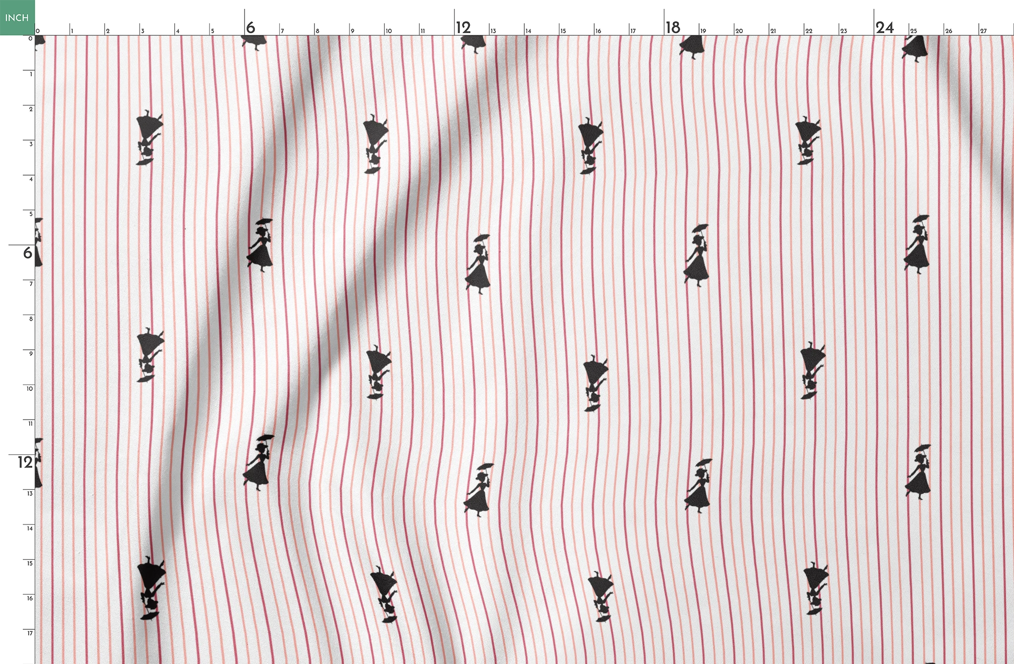 Mary Poppins silhouette figures on white background with thin pink vertical stripes springs fatquarter mockup