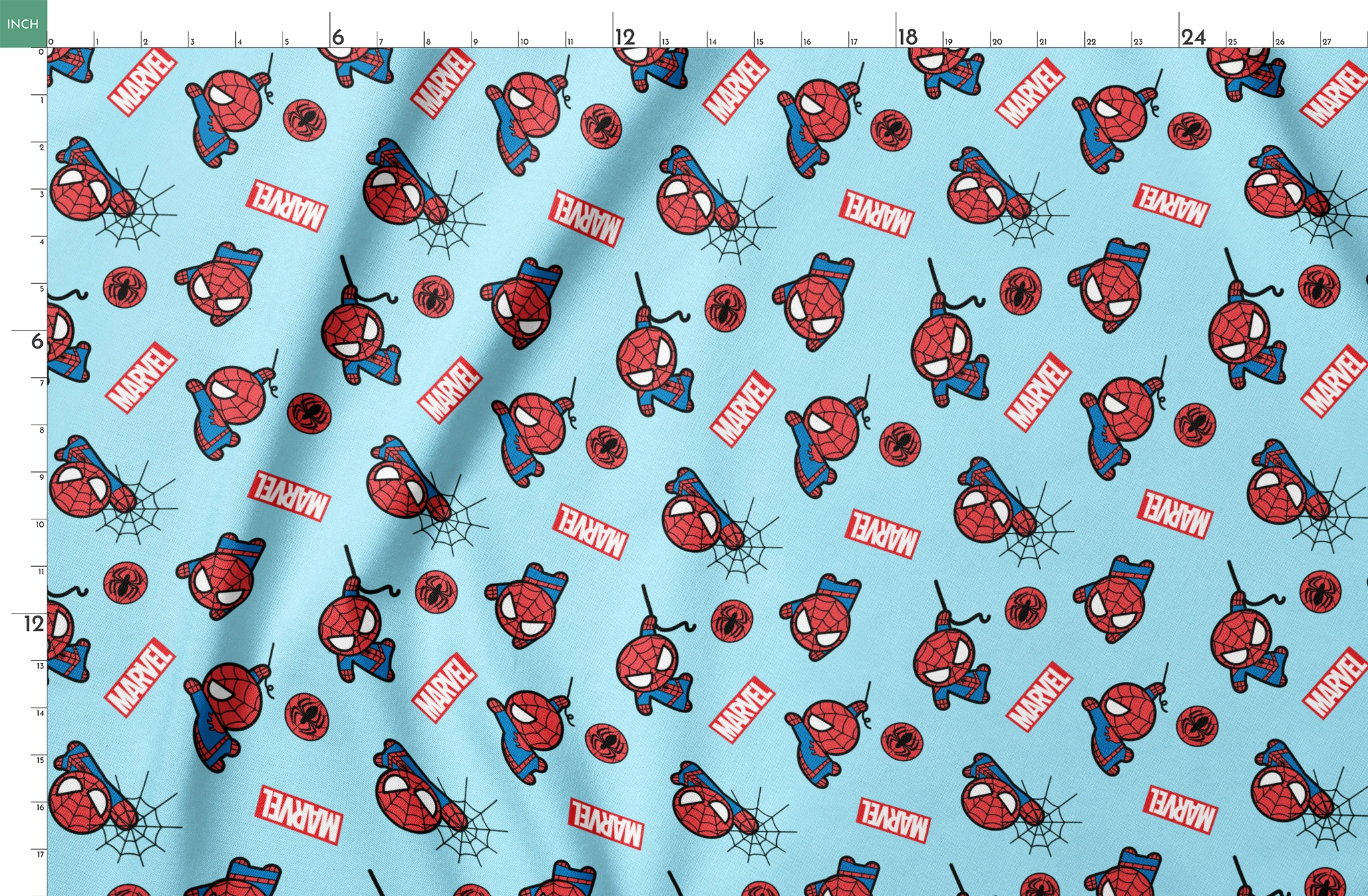 Spider-Man pattern with cartoon character poses, Marvel logos, and spider symbols on light blue background springs fatquarter mockup