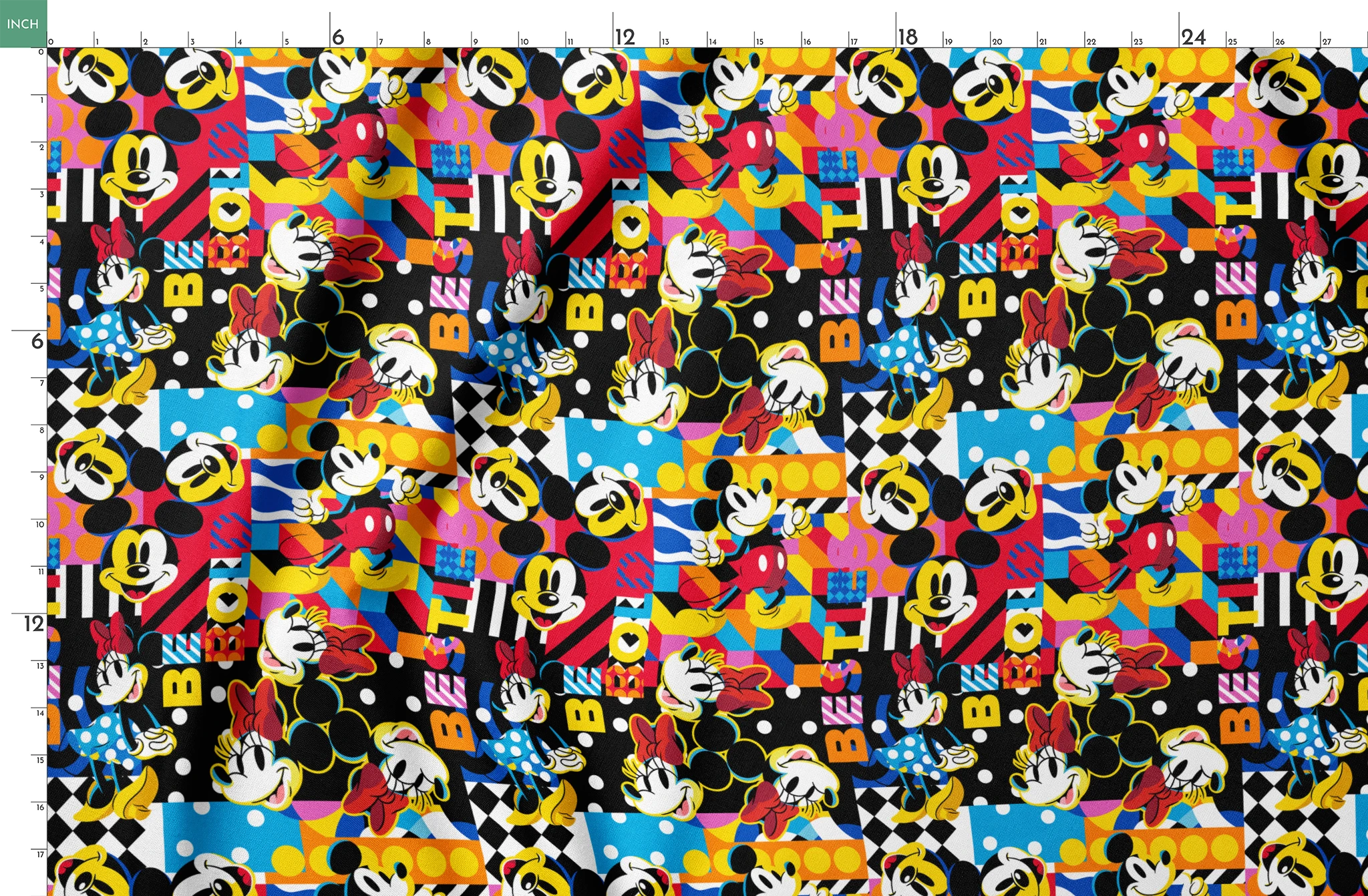 Vibrant pop art collage of Mickey Mouse in various poses against colorful geometric patterns and backgrounds springs fatquarter mockup