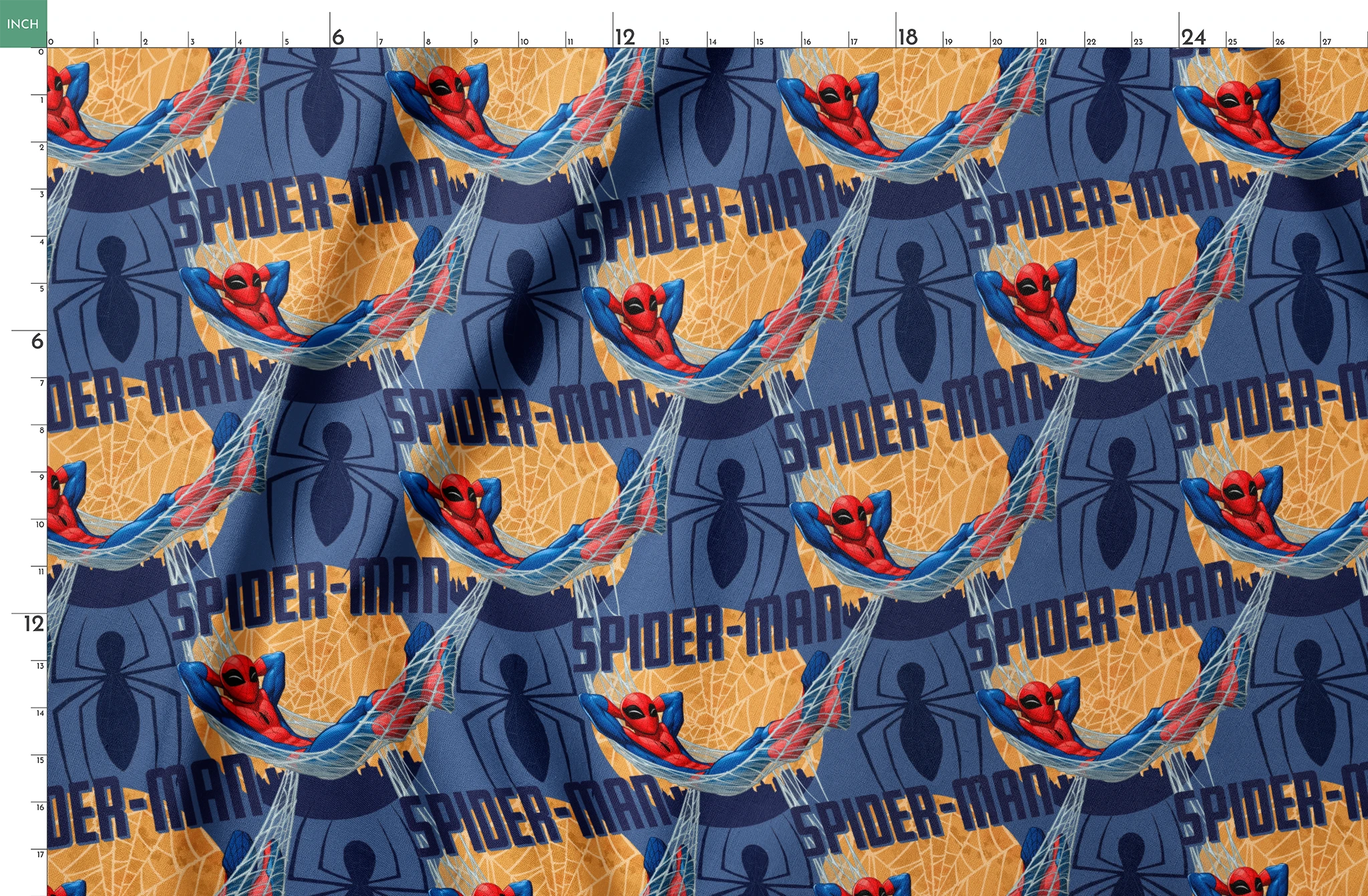 Spider-Man pattern with cartoon superhero in red and blue swinging on webbing against navy and gold background springs fatquarter mockup