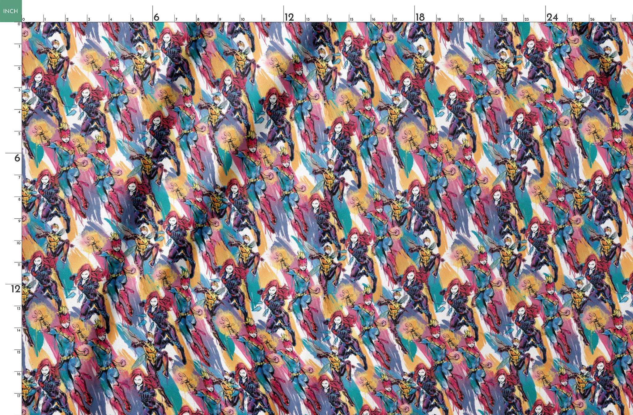 Colorful comic book superhero pattern with characters in dynamic poses against abstract brushstroke background springs fatquarter mockup