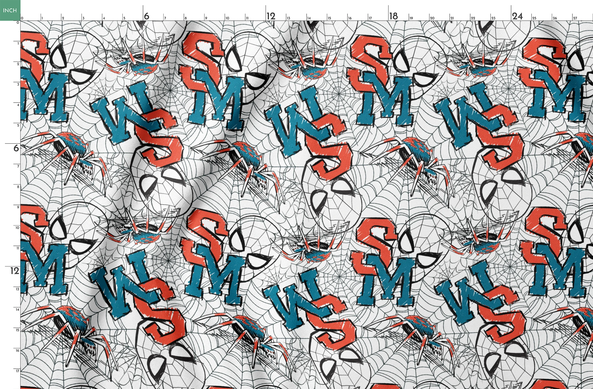 Abstract design with blue and red letters (S, M, K) overlaid with black spider web patterns on white background springs fatquarter mockup
