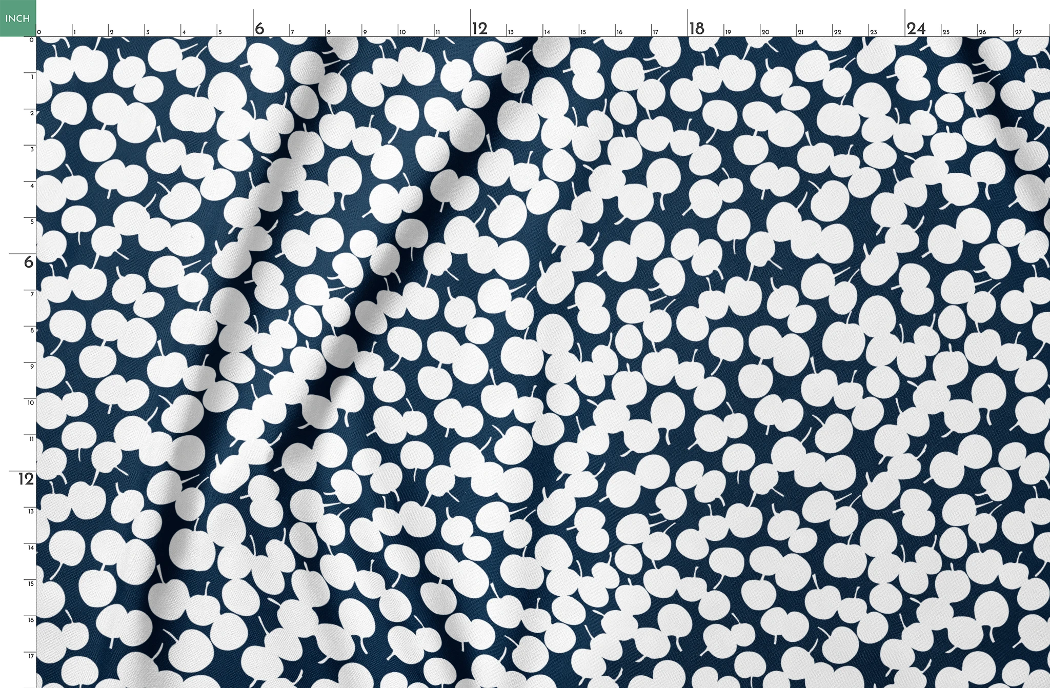White cherry silhouettes scattered across a deep navy blue background in a playful pattern springs fatquarter mockup