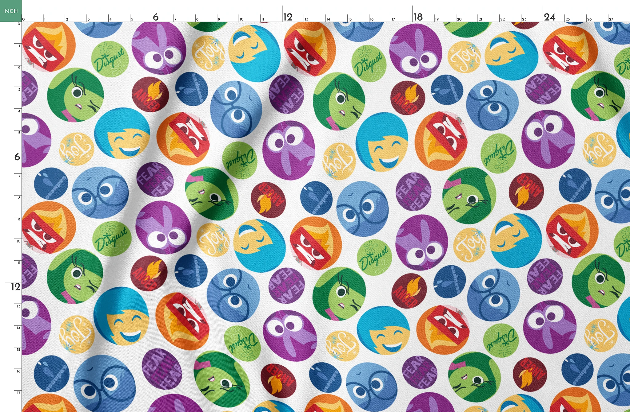 Colorful Inside Out character circles with various expressions in purple, green, blue, yellow, and red springs fatquarter mockup