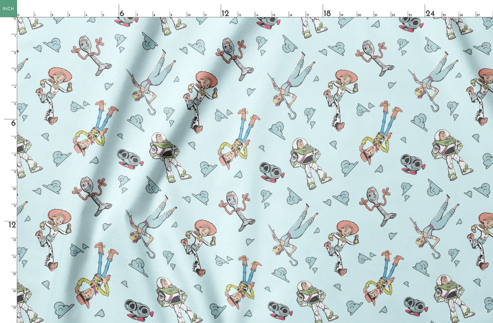 Cartoon characters from "Toy Story" floating on light blue background with cloud patterns springs fatquarter mockup