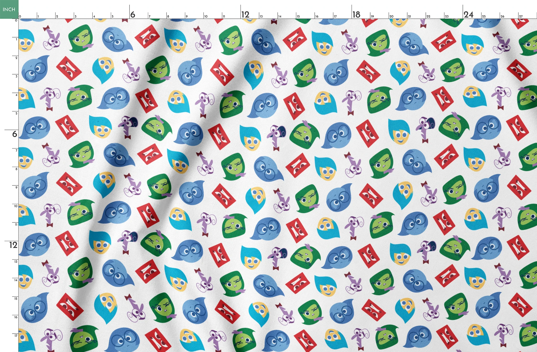 Colorful pattern of Inside Out characters - Joy, Sadness, Anger, Disgust, and Fear springs fatquarter mockup