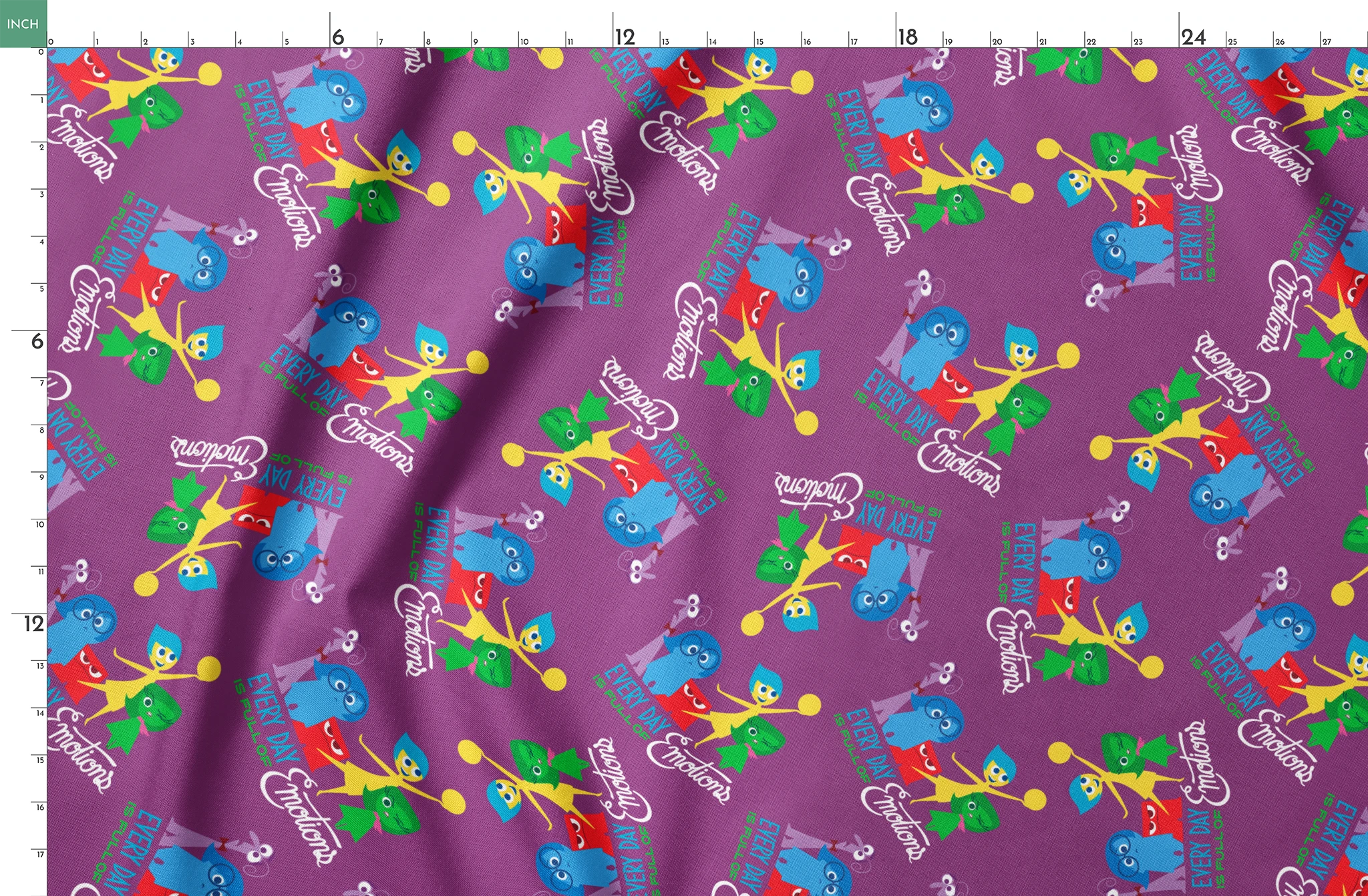 Purple background with repeating pattern of Inside Out characters - Joy, Sadness, Anger, Disgust, Fear, and text elements. springs fatquarter mockup