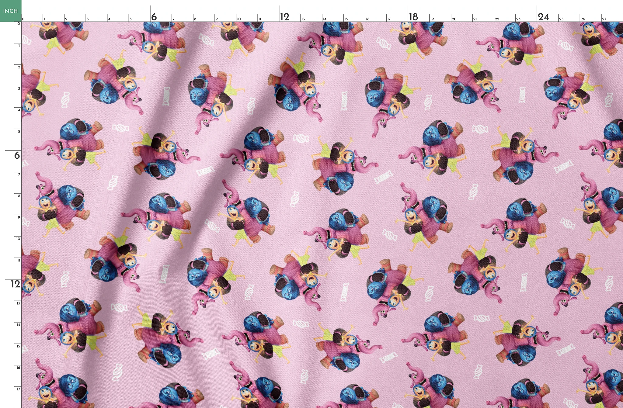 Repeating pattern of Inside Out characters on a lavender background springs fatquarter mockup