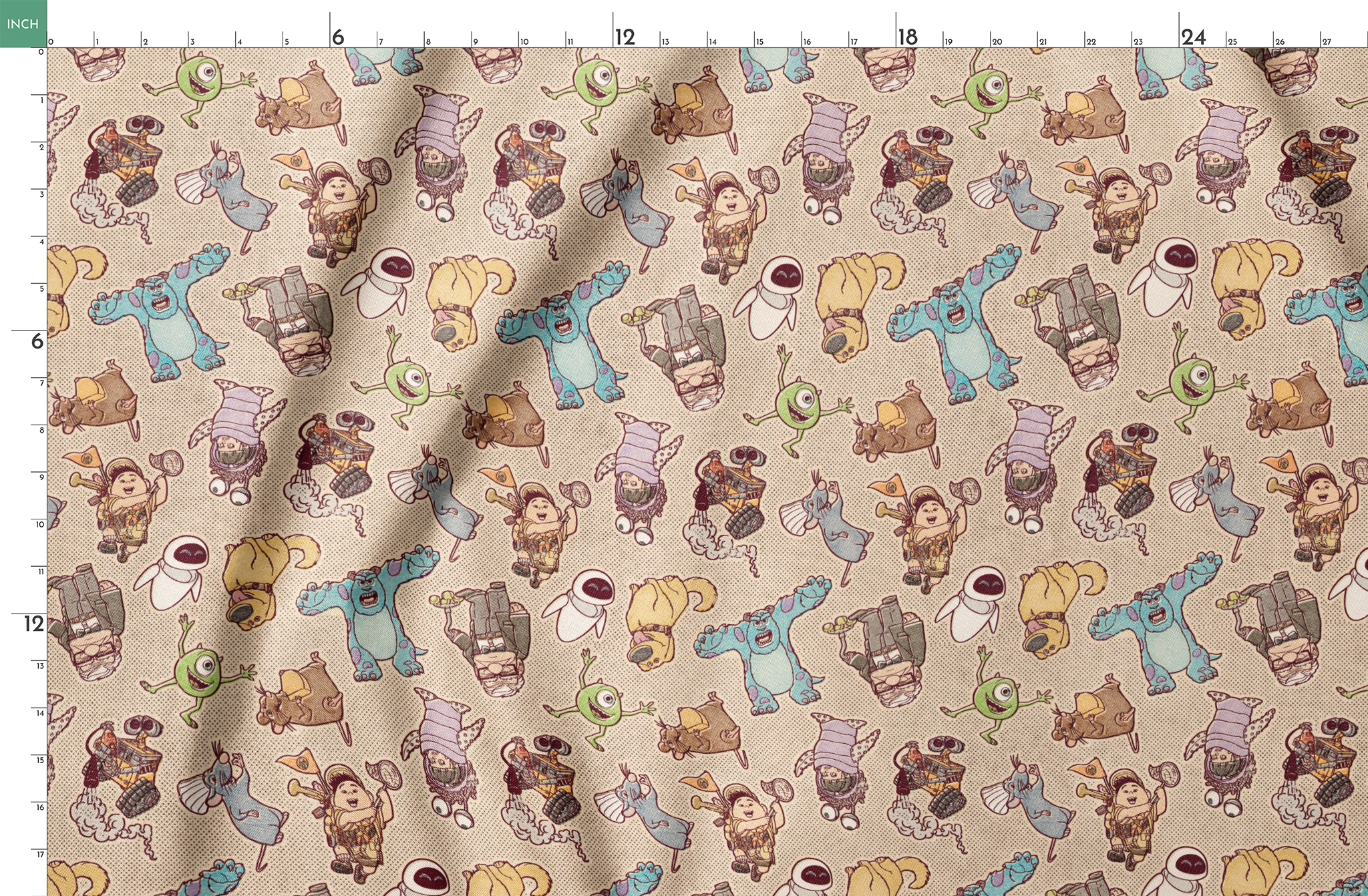Cute cartoon pattern of Pixar characters including Wall-E, Sulley, and other characters on beige background springs fatquarter mockup