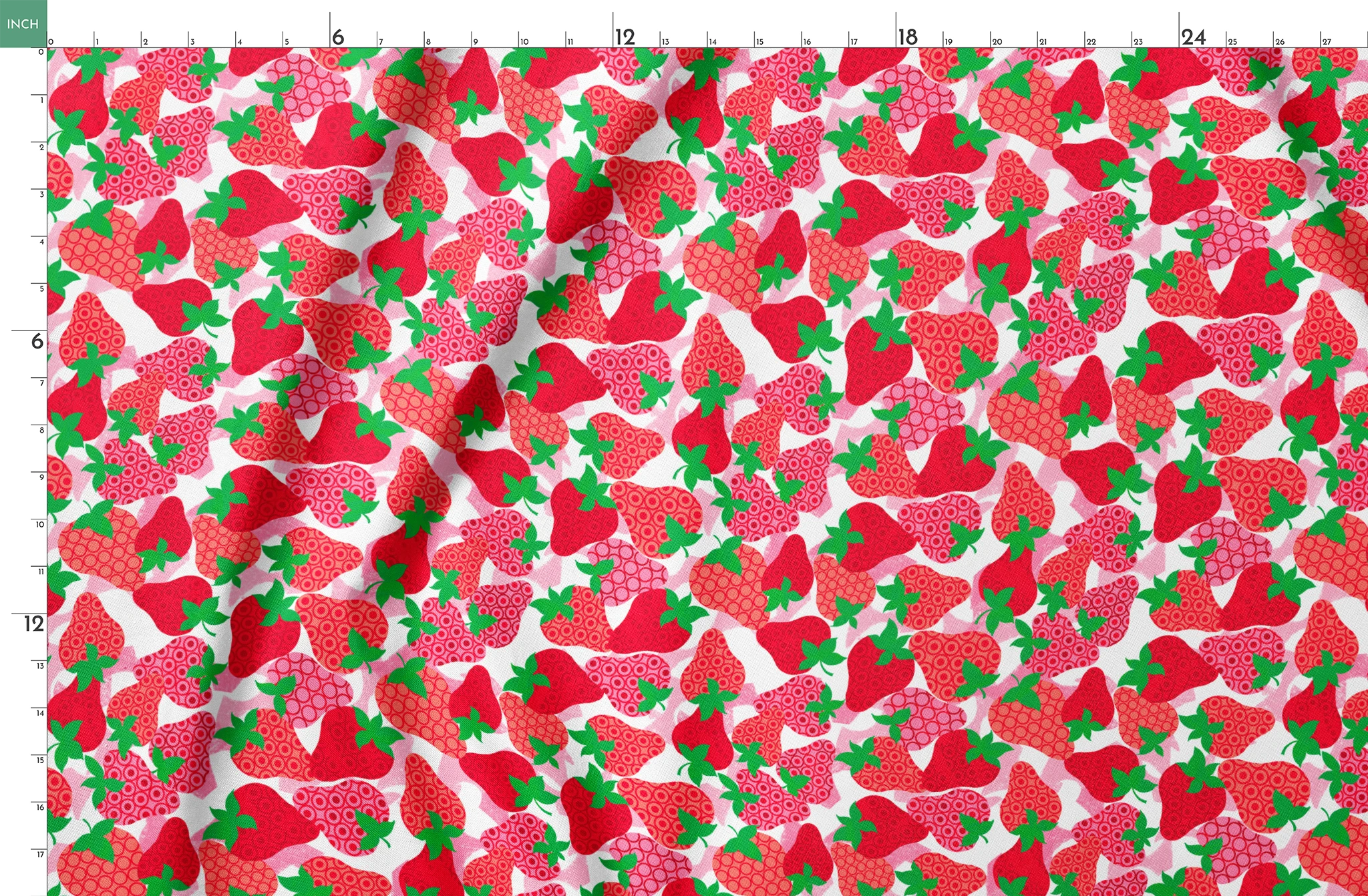 Colorful pattern of red strawberries with varied decorative patterns and green leaves on pink bac... springs fatquarter mockup