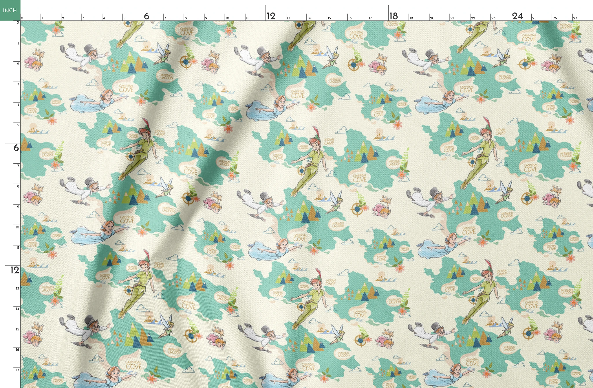 This is a whimsical Peter Pan themed pattern featuring characters flying through a turquoise sky with geometric mountains and text bubbles showing "Mermaid Cove" locations. springs fatquarter mockup