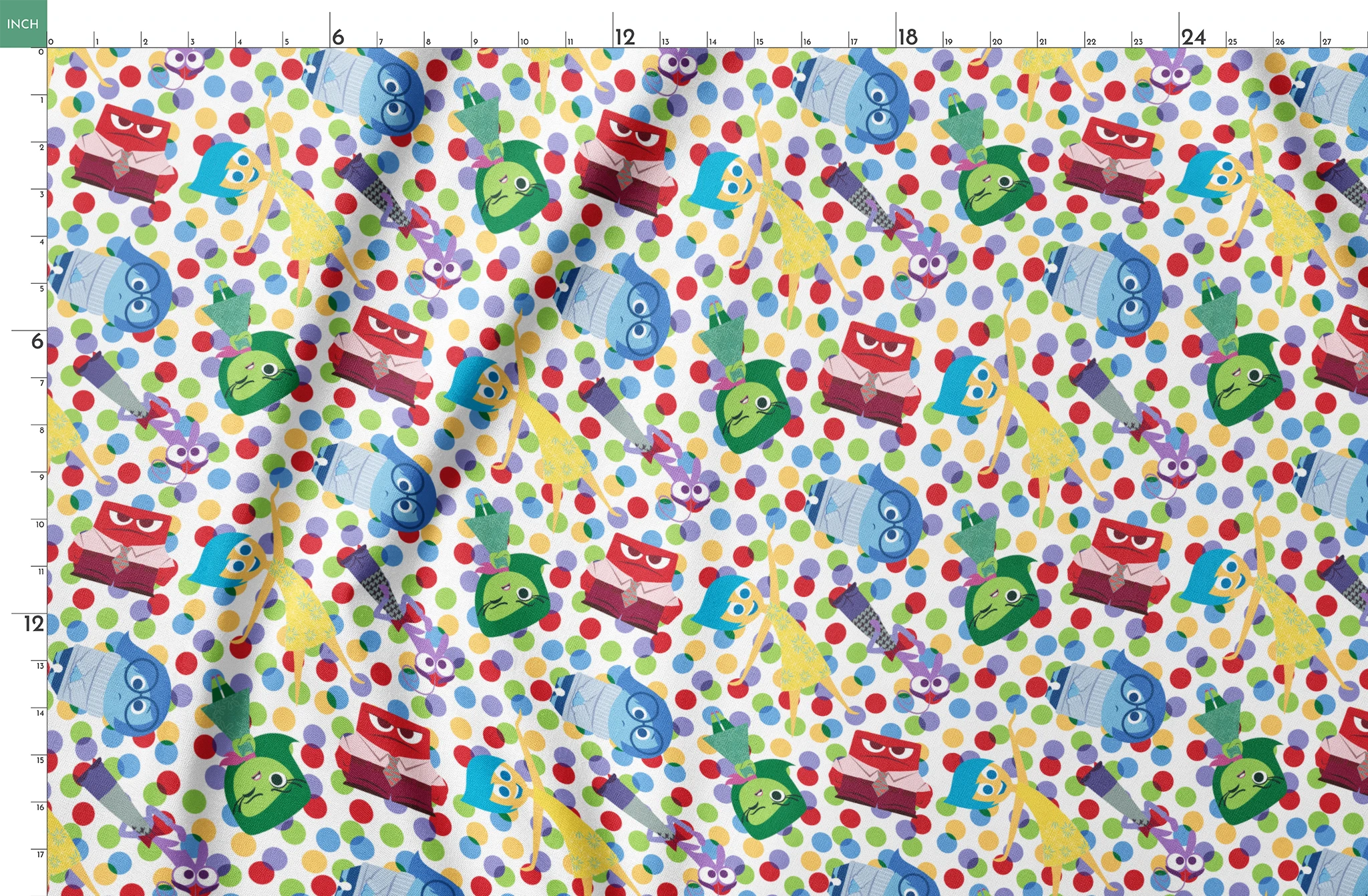 Colorful pattern of animated character heads from Inside Out movie on polka dot background springs fatquarter mockup