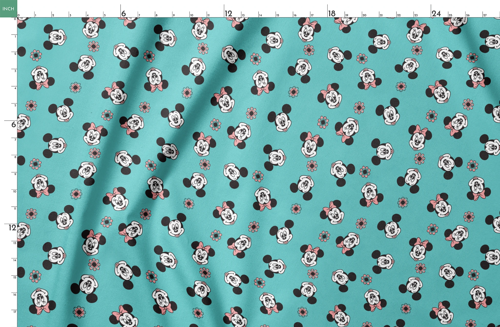 Mickey and Minnie Mouse cartoon faces scattered on turquoise background with small flowers springs fatquarter mockup