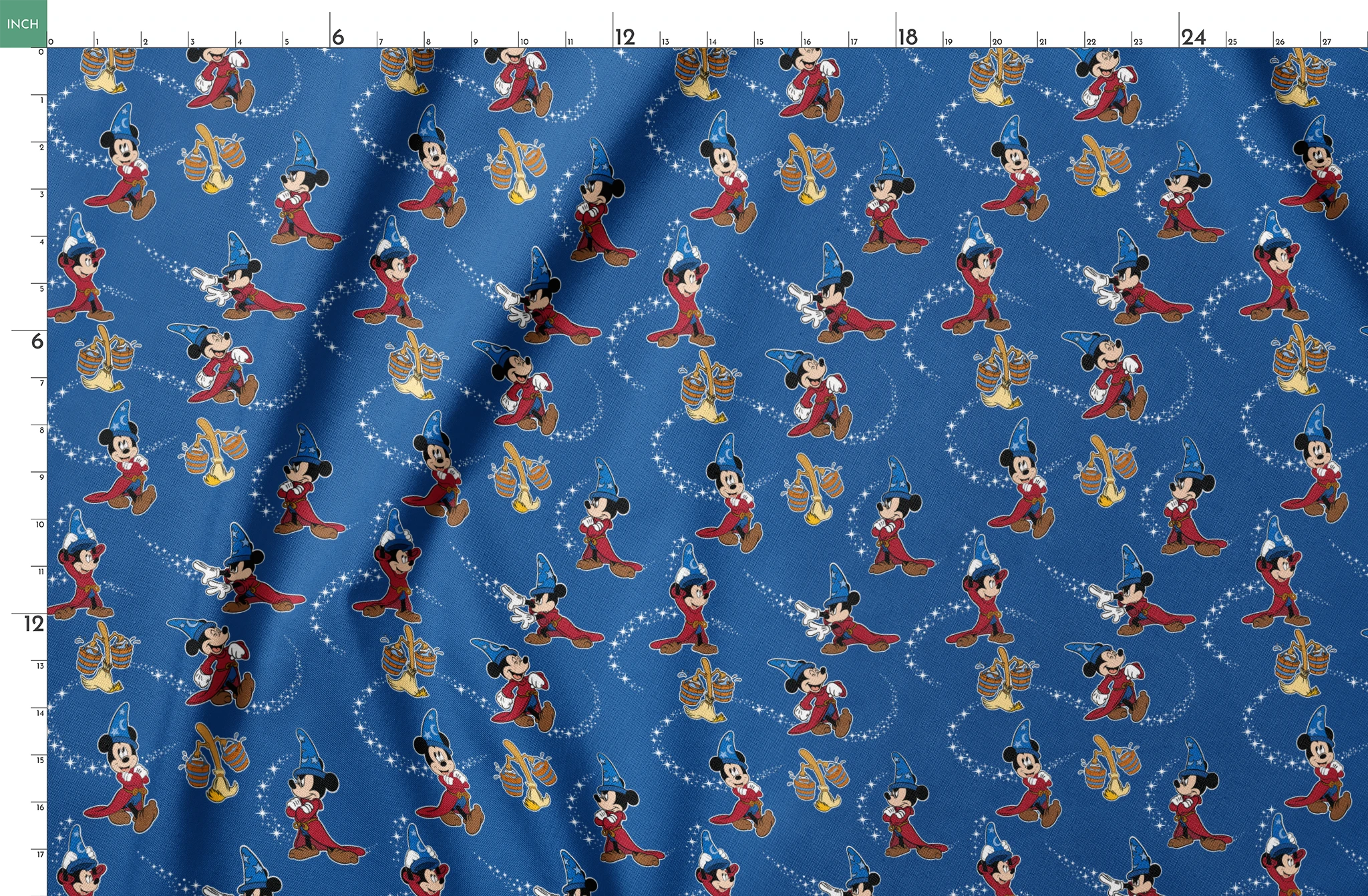 Mickey Mouse as Fantasia's Sorcerer's Apprentice in various poses with magic stars on blue background. springs fatquarter mockup