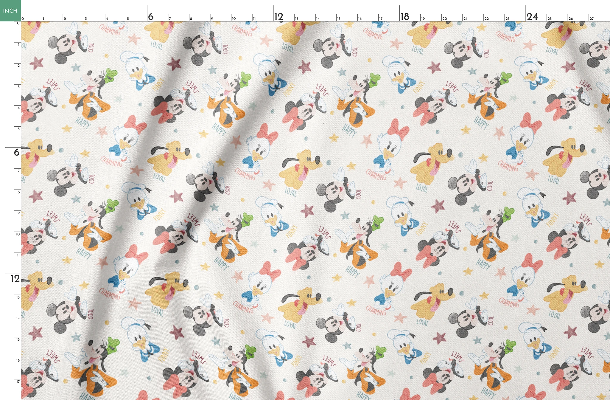 Colorful Disney character pattern with Mickey, Minnie, Donald, Pluto and stars on white background springs fatquarter mockup