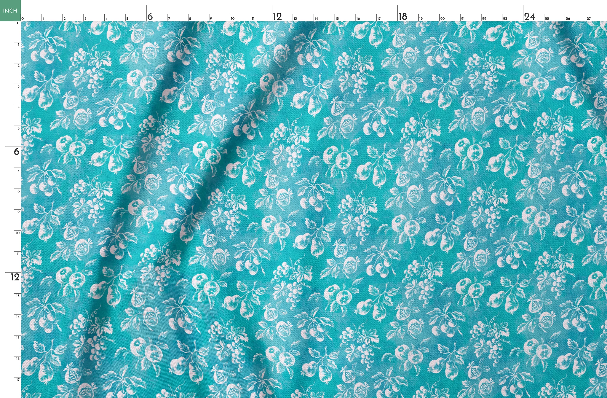 Teal background with white vintage fruit pattern featuring cherries, grapes, and pears springs fatquarter mockup