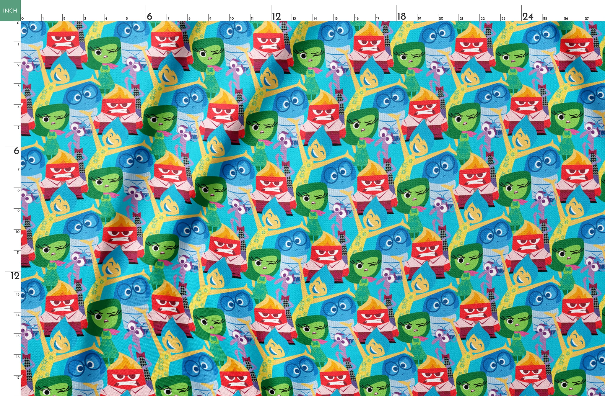 Colorful animated characters from Pixar's Inside Out - Joy, Sadness, Anger, Disgust and Fear in repeating pattern springs fatquarter mockup