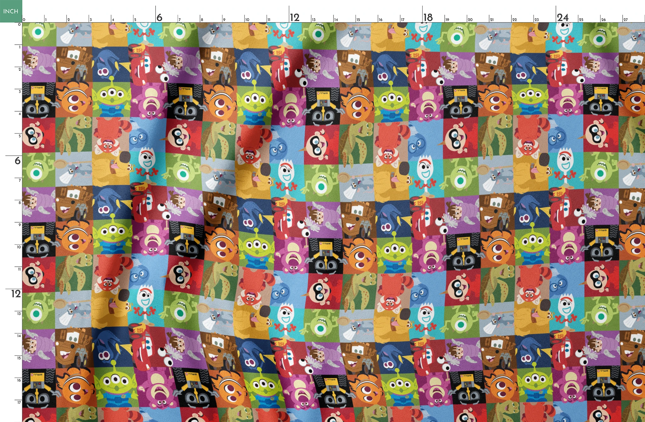 Grid of stylized Disney/Pixar characters including Mike Wazowski, Nemo, Wall-E, Lightning McQueen, Dory, and others in colorful squares springs fatquarter mockup