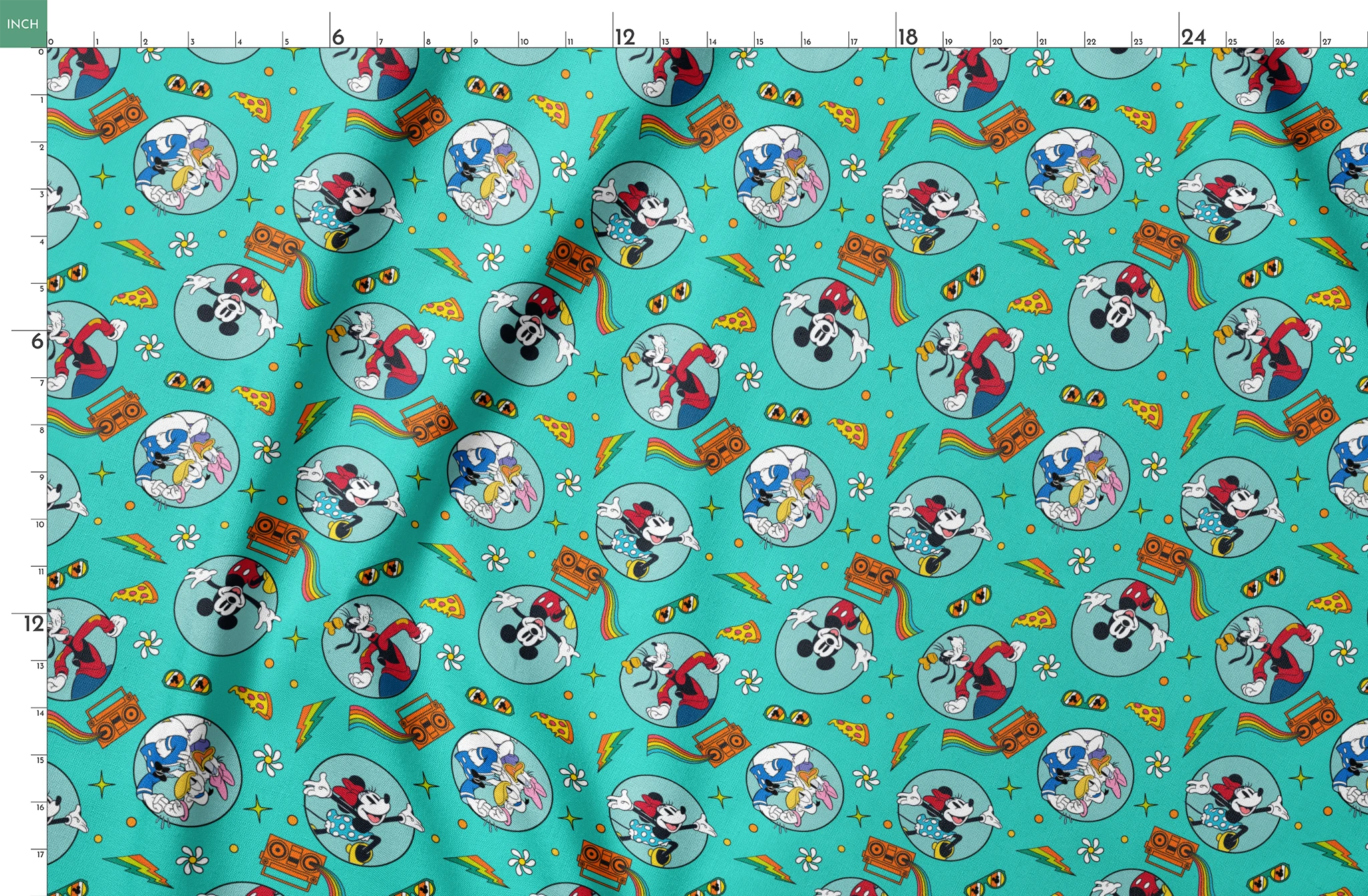 Colorful Mickey Mouse and friends pattern with pizza, boomboxes, sunglasses on teal background springs fatquarter mockup