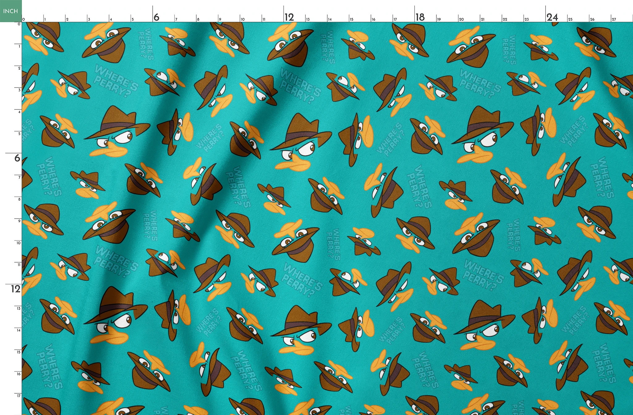 Pattern of cartoon character faces with brown fedora hats on teal background with "Where's Perry" text springs fatquarter mockup