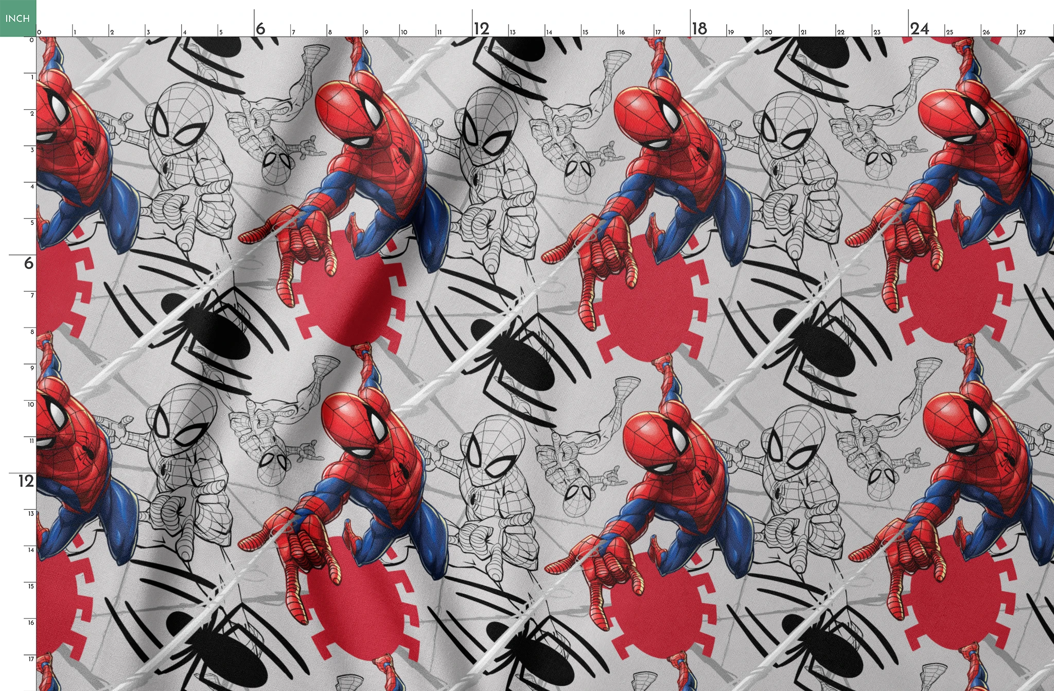 Spider-Man in various poses, including colored and line art illustrations on a red and gray background springs fatquarter mockup