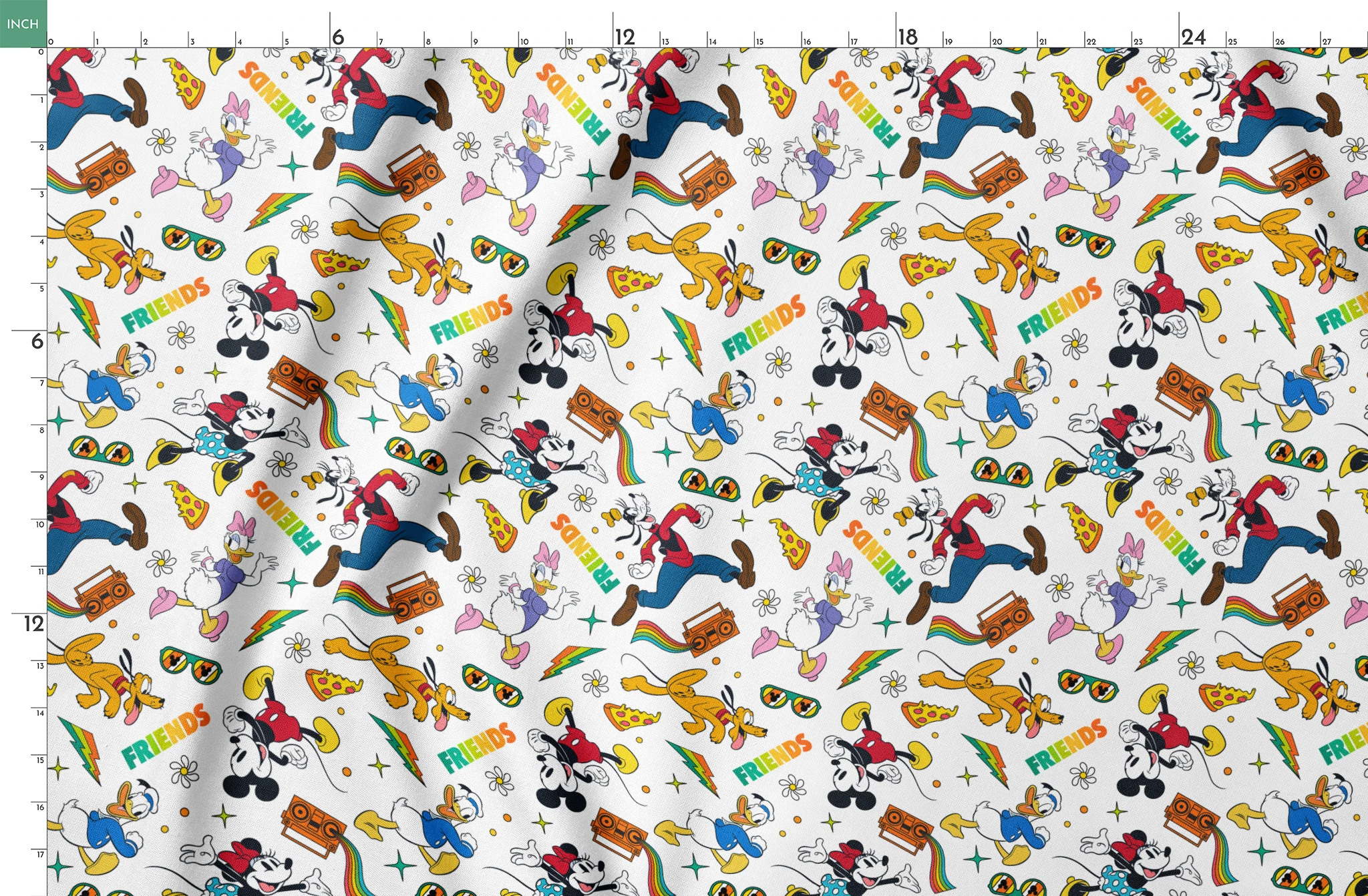 Cartoon pattern featuring classic Disney characters with radios, rainbows, sunglasses and "FRIENDS" text on white background. springs fatquarter mockup