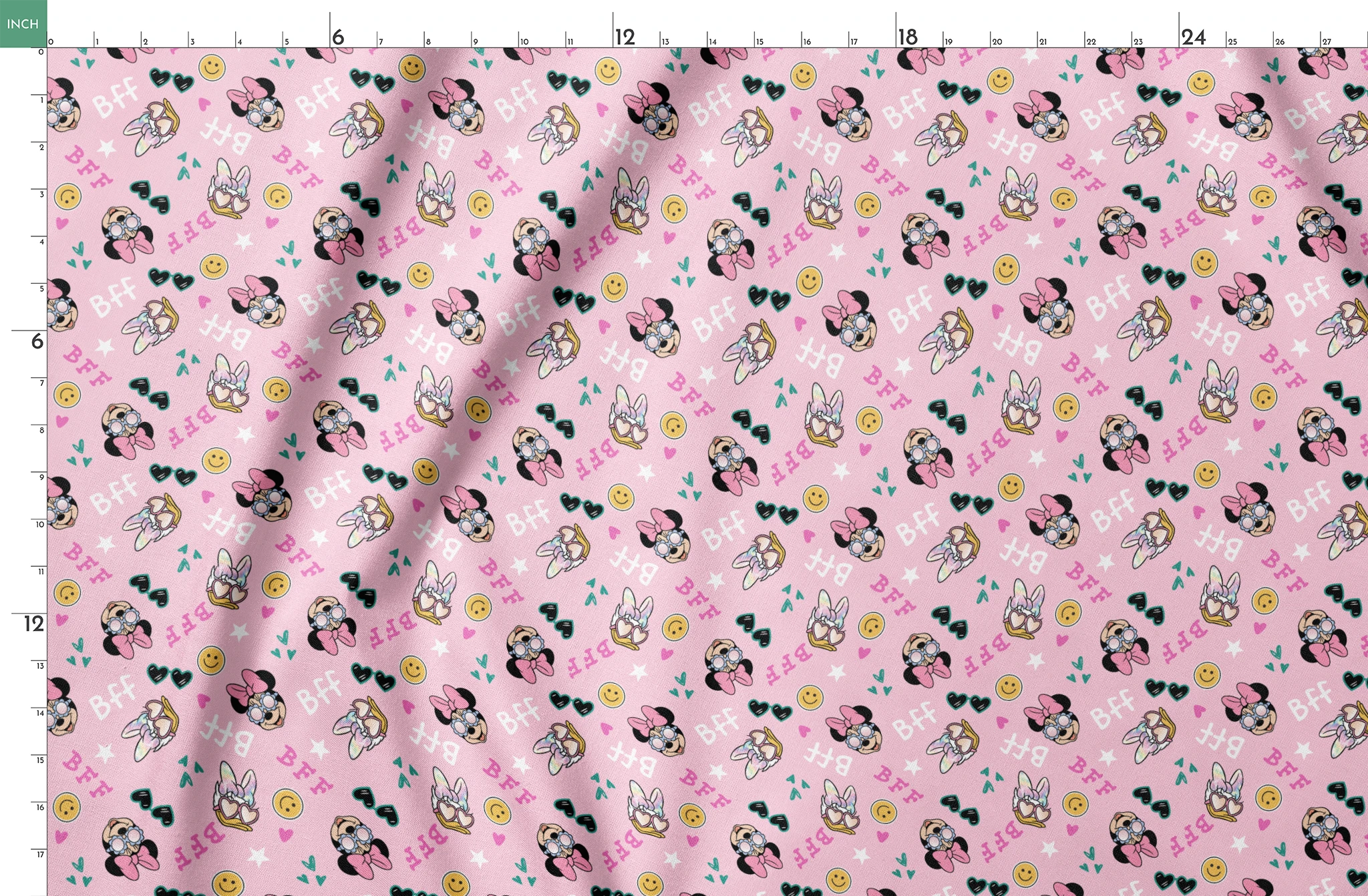Pink background with Minnie Mouse pattern featuring bows, heart sunglasses, smiley faces, and "BFF" text in playful colors. springs fatquarter mockup