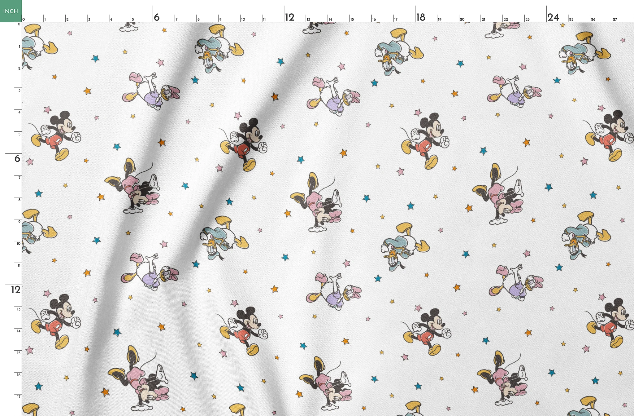 Disney characters pattern with Mickey Mouse and unicorns on white background with colorful stars springs fatquarter mockup