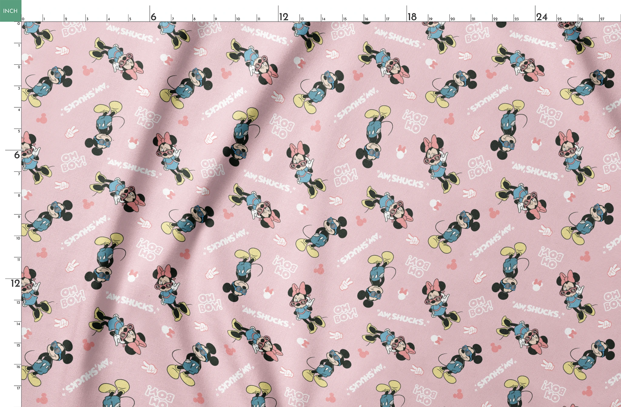 Disney cartoon characters on pink background with expressions "Oh Boy" and "Aw Shucks" in repeating pattern springs fatquarter mockup