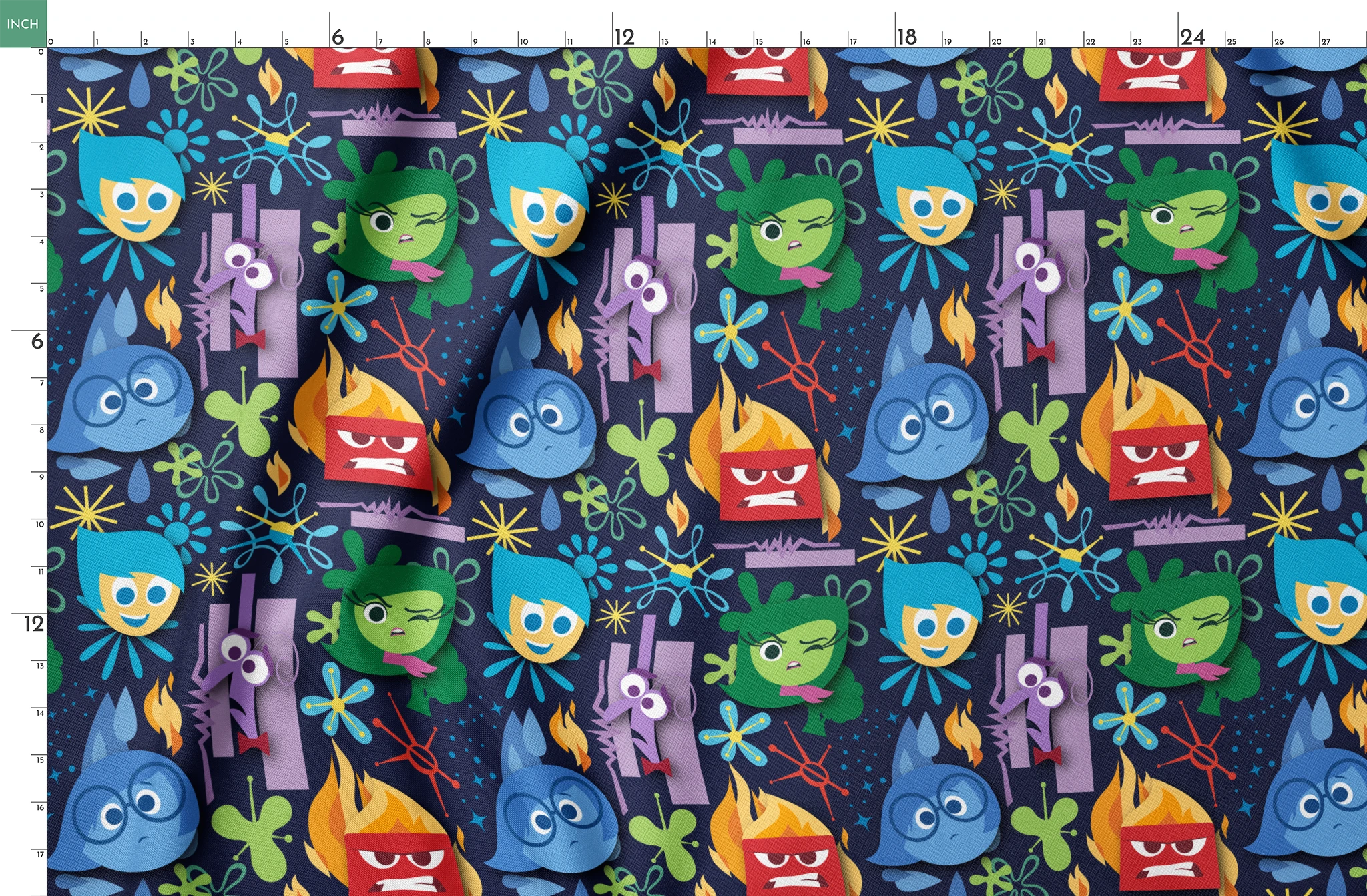 Colorful Inside Out characters with blue, red, green faces and abstract shapes on dark background springs fatquarter mockup