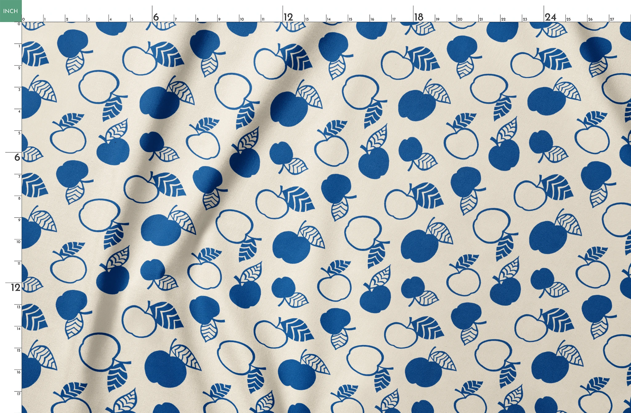 Blue apple illustrations and leaf outlines arranged in a scattered pattern on cream background. springs fatquarter mockup